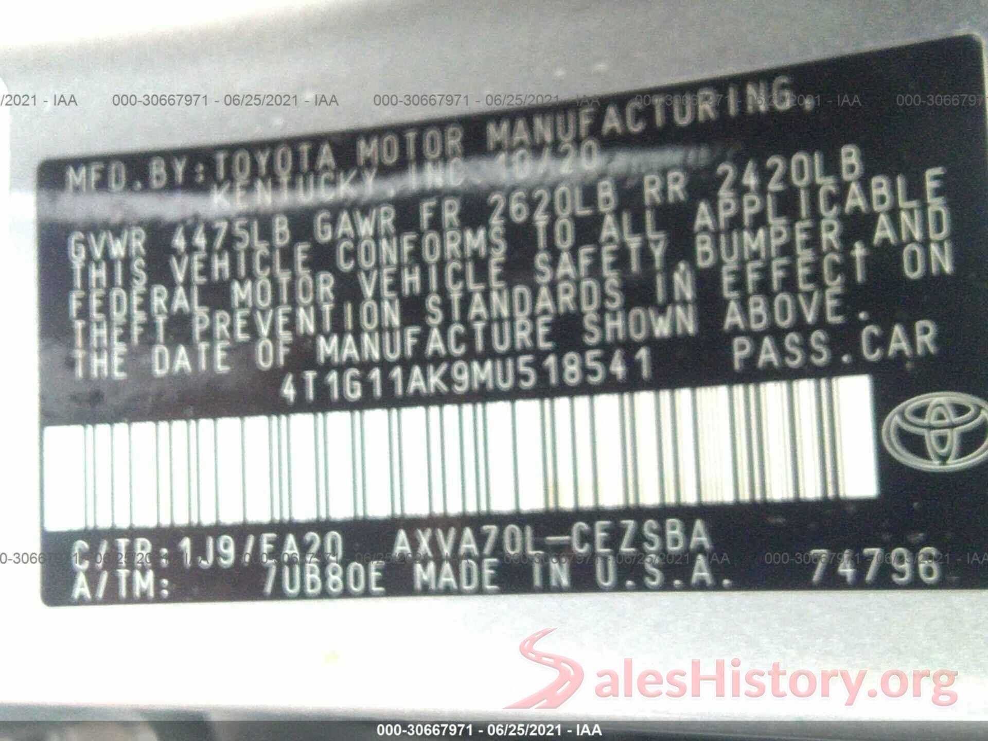 4T1G11AK9MU518541 2021 TOYOTA CAMRY