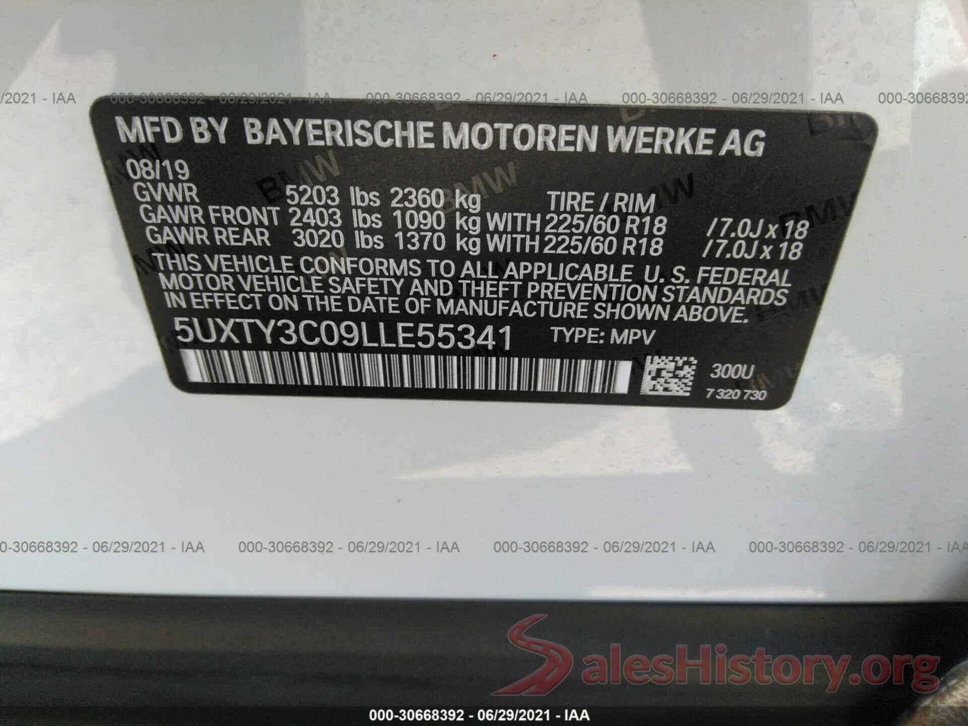 5UXTY3C09LLE55341 2020 BMW X3