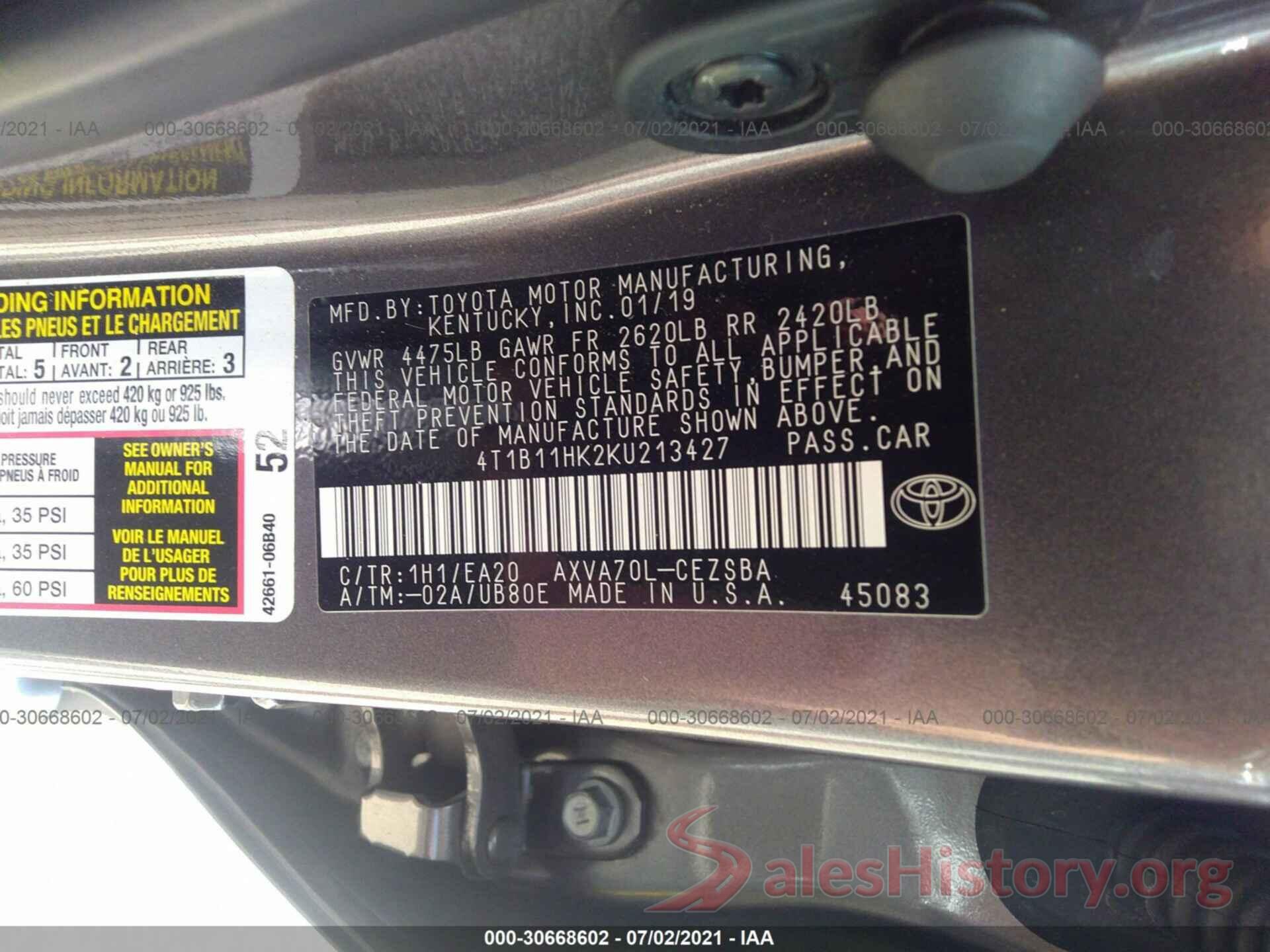 4T1B11HK2KU213427 2019 TOYOTA CAMRY