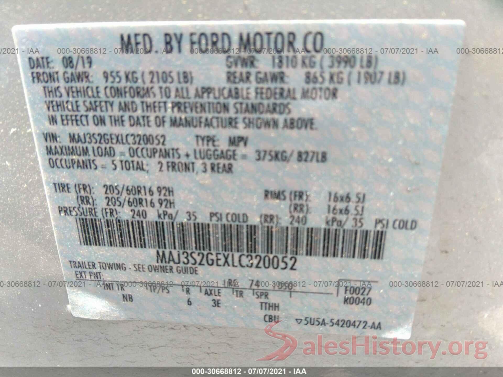 MAJ3S2GEXLC320052 2020 FORD ECOSPORT