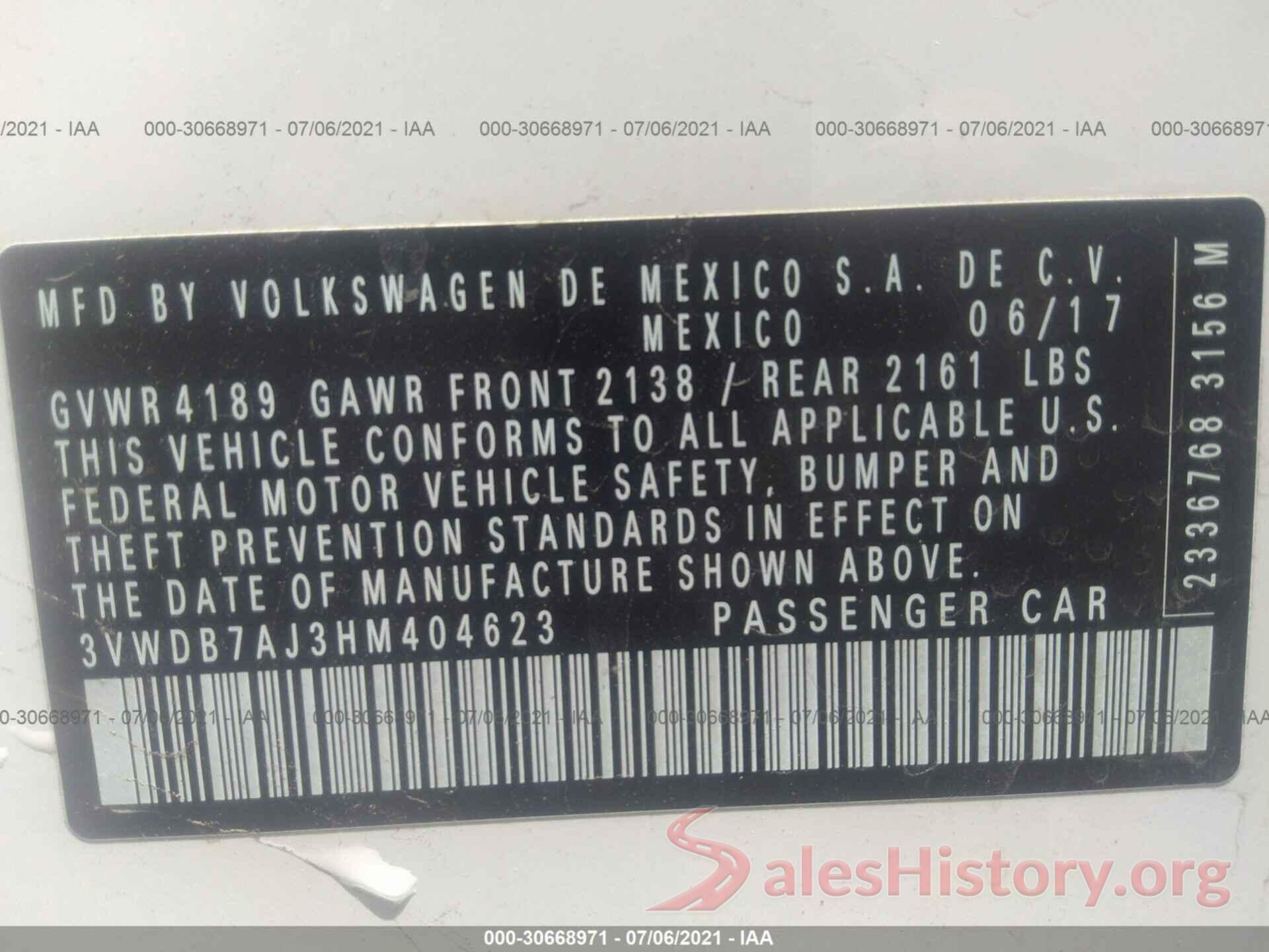 3VWDB7AJ3HM404623 2017 VOLKSWAGEN JETTA