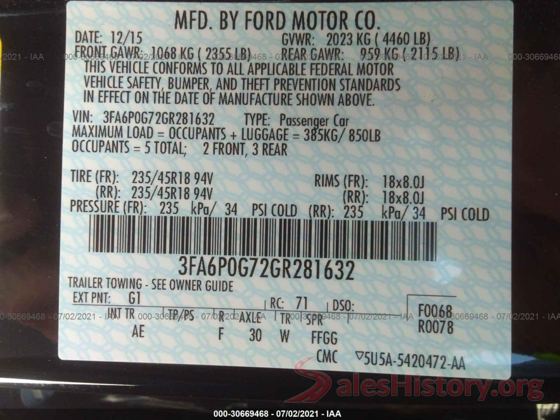 3FA6P0G72GR281632 2016 FORD FUSION