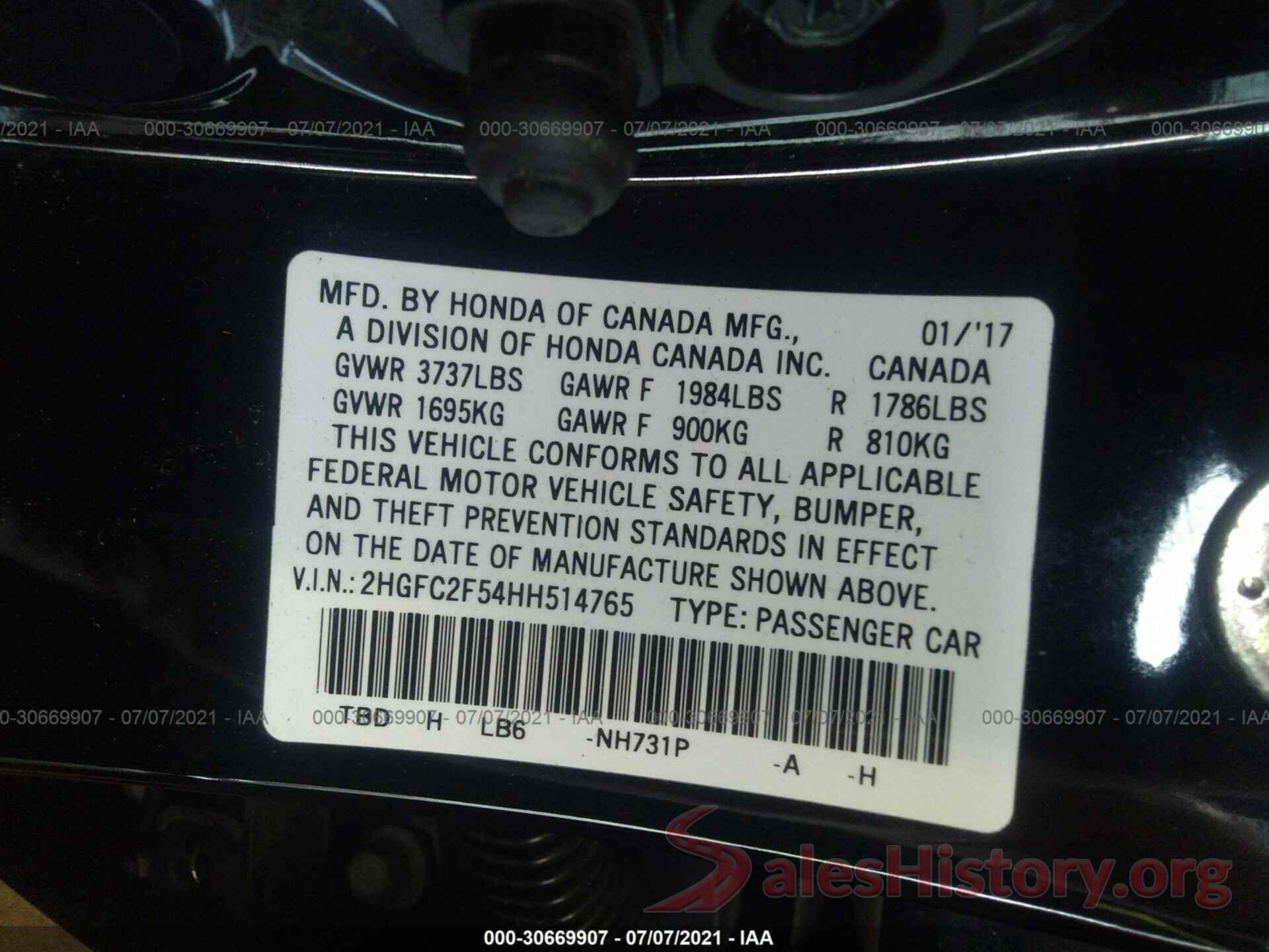 2HGFC2F54HH514765 2017 HONDA CIVIC SEDAN