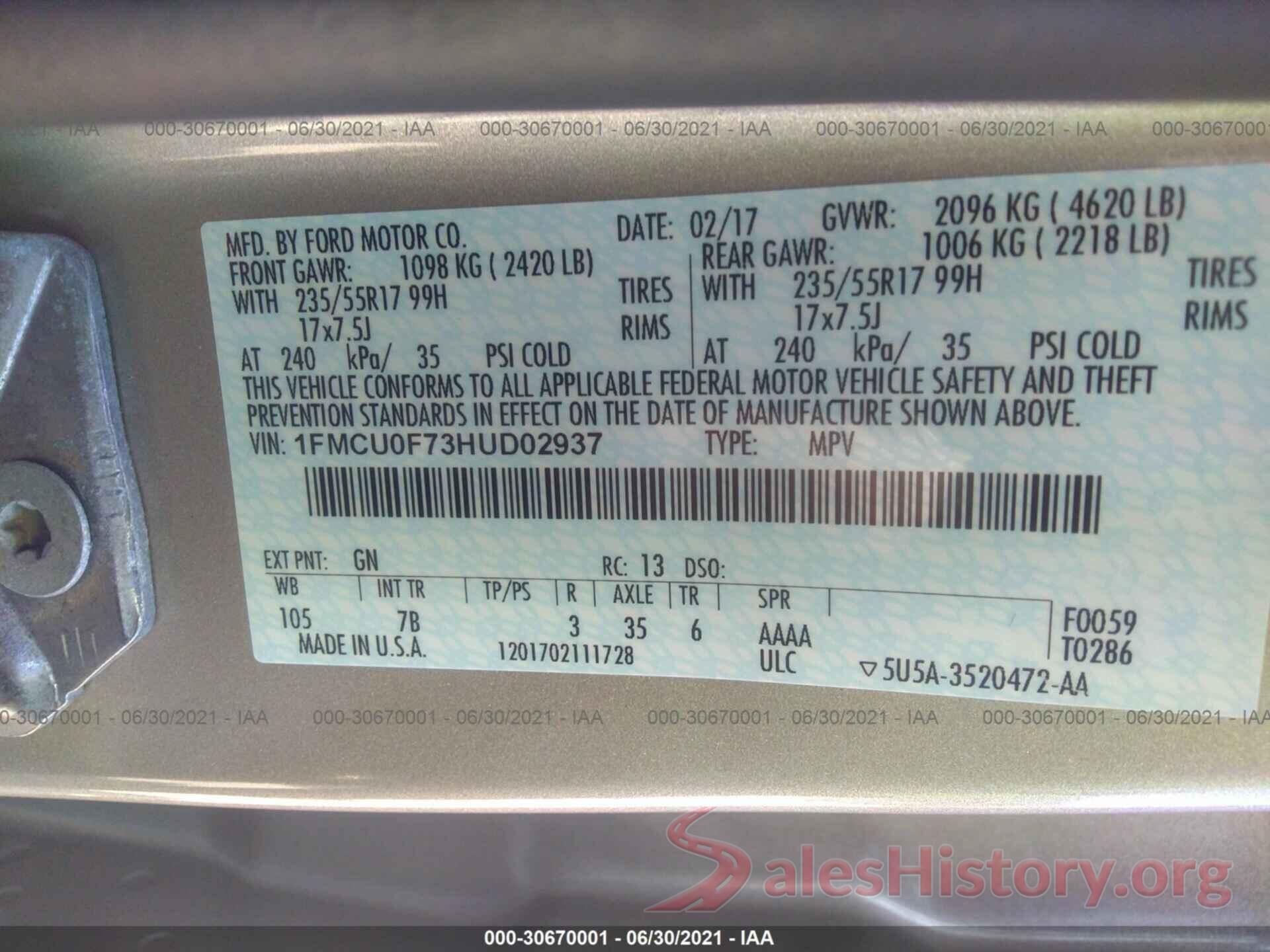 1FMCU0F73HUD02937 2017 FORD ESCAPE