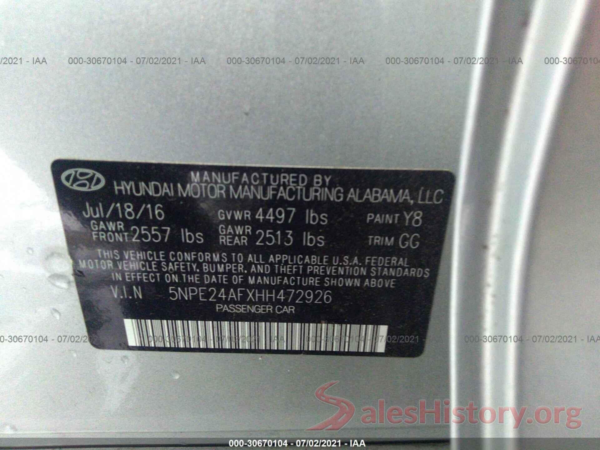 5NPE24AFXHH472926 2017 HYUNDAI SONATA