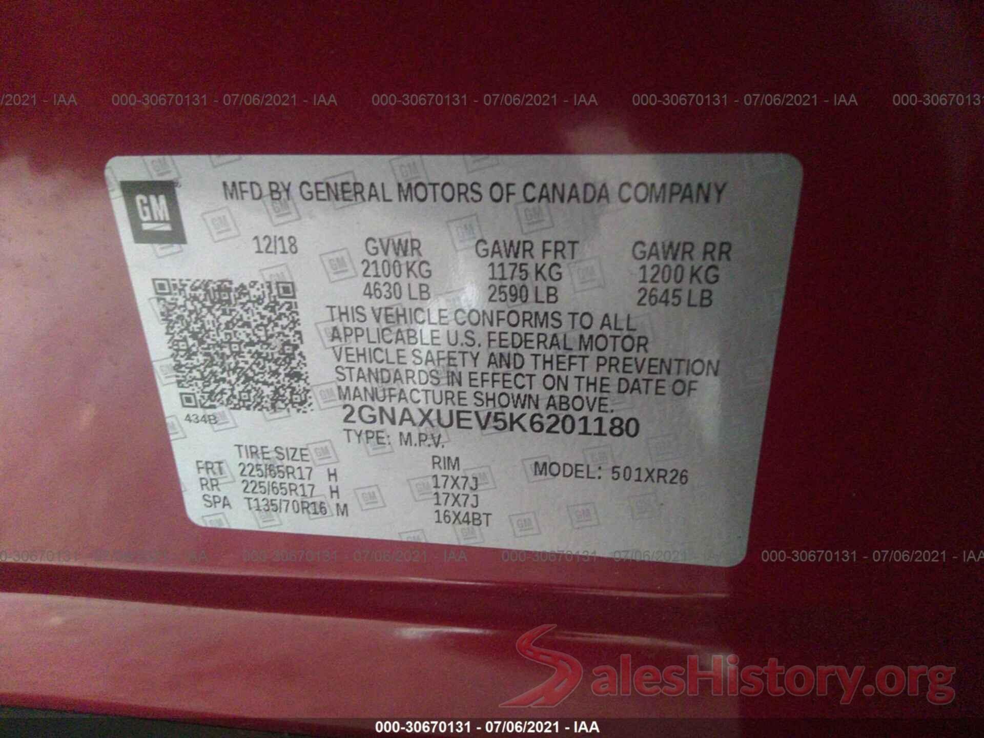 2GNAXUEV5K6201180 2019 CHEVROLET EQUINOX