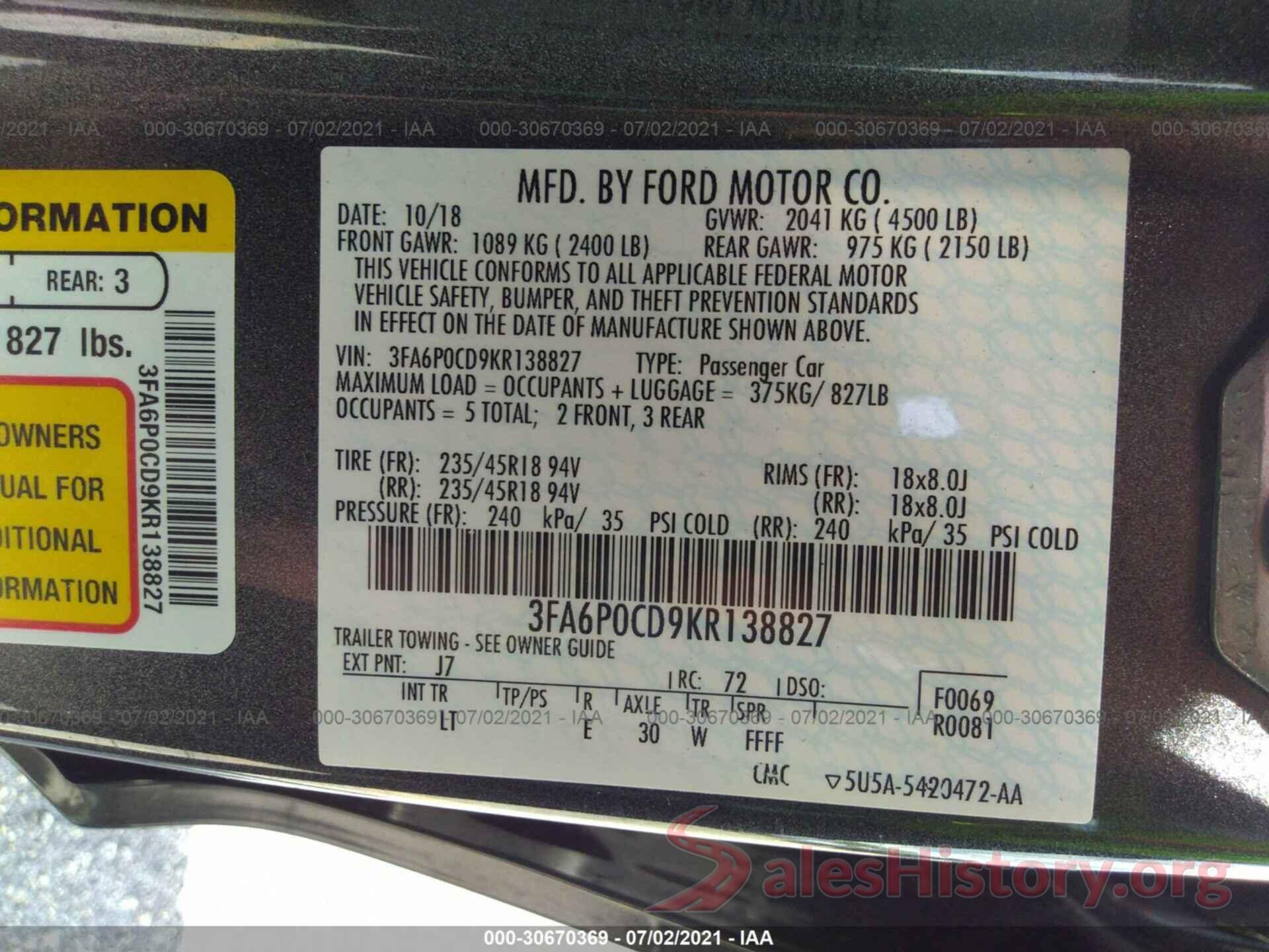 3FA6P0CD9KR138827 2019 FORD FUSION