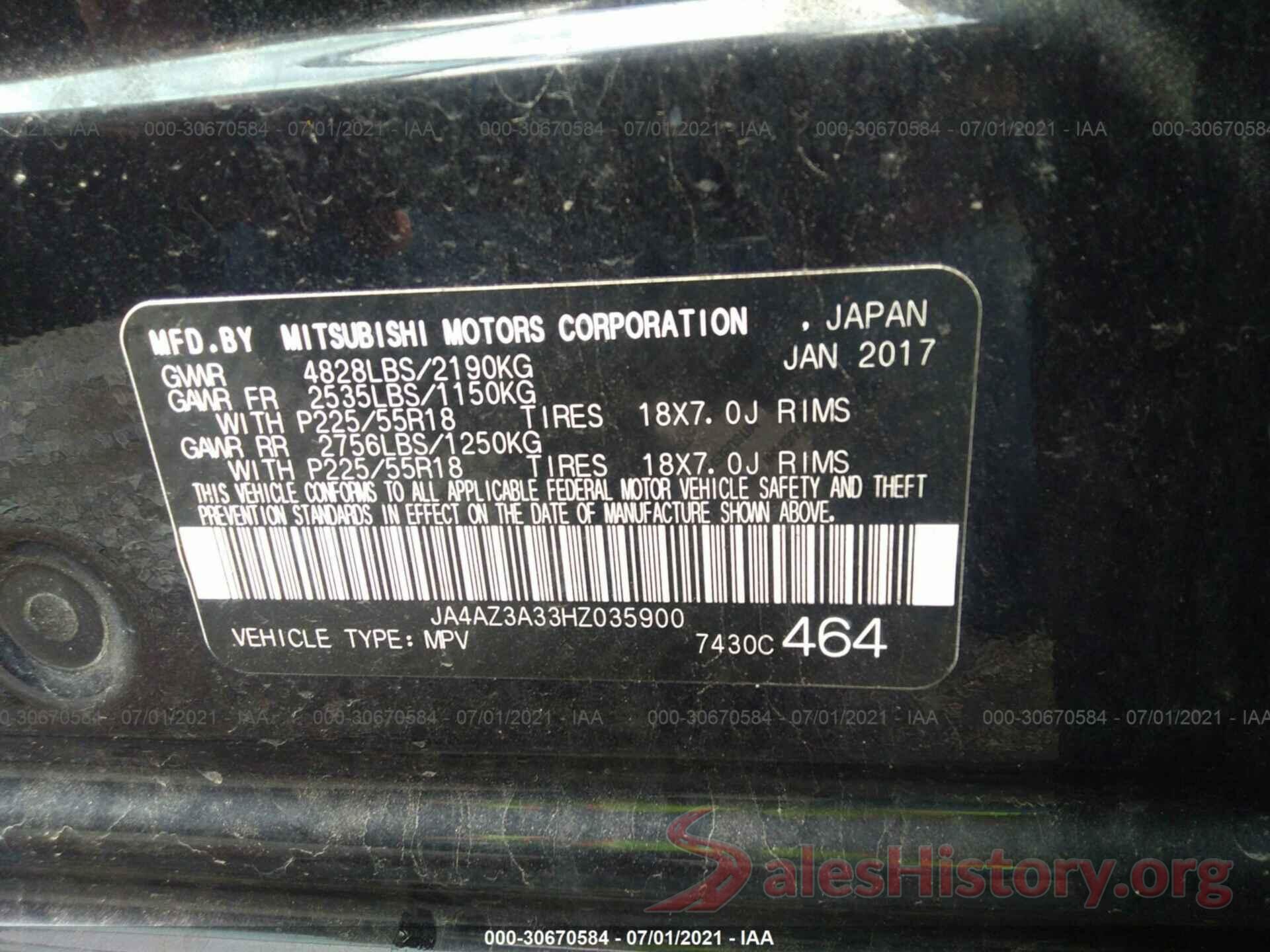 JA4AZ3A33HZ035900 2017 MITSUBISHI OUTLANDER