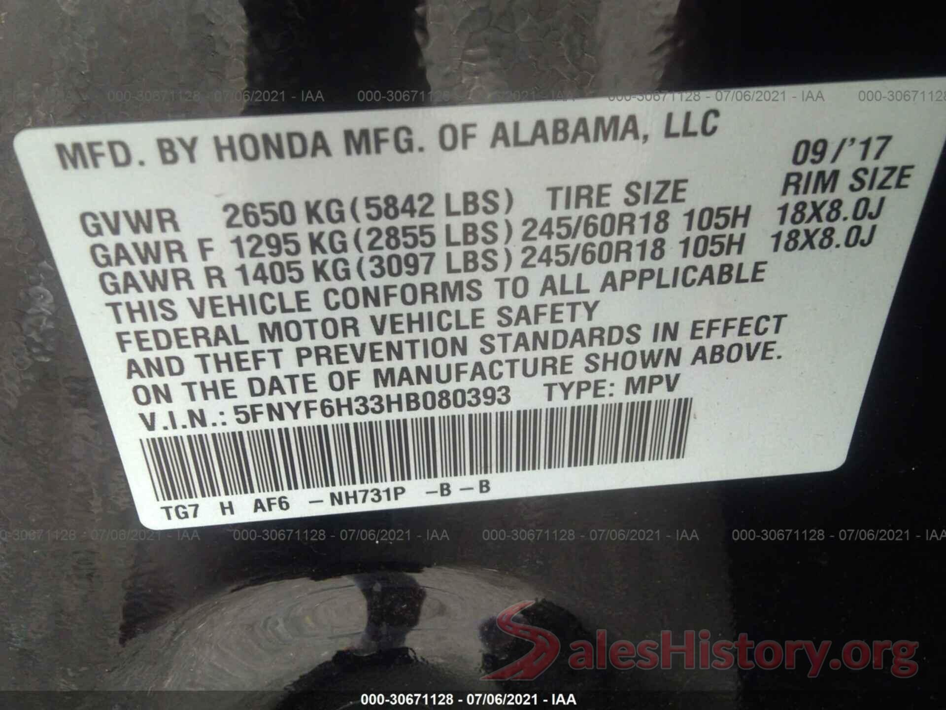 5FNYF6H33HB080393 2017 HONDA PILOT