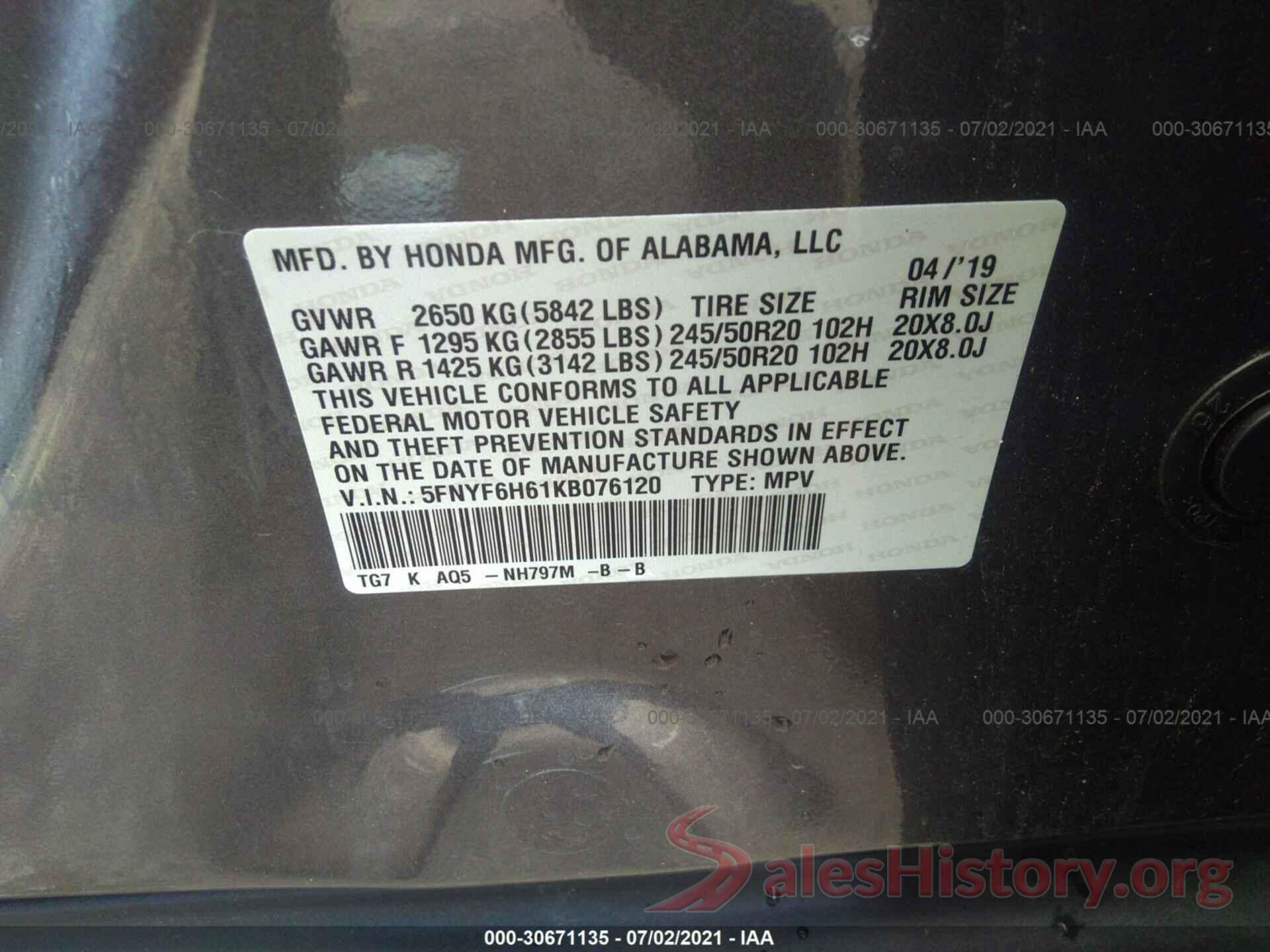 5FNYF6H61KB076120 2019 HONDA PILOT