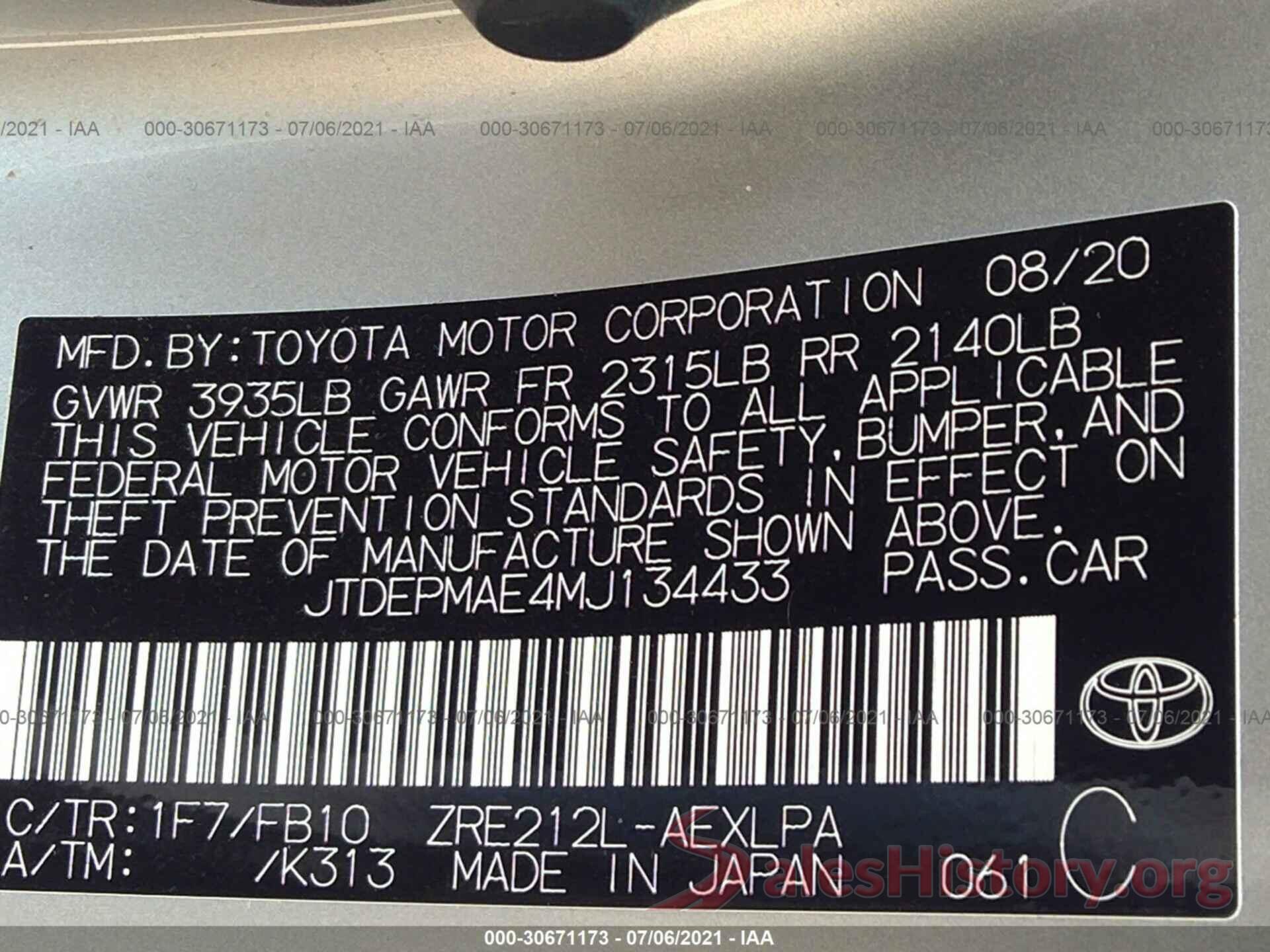 JTDEPMAE4MJ134433 2021 TOYOTA COROLLA