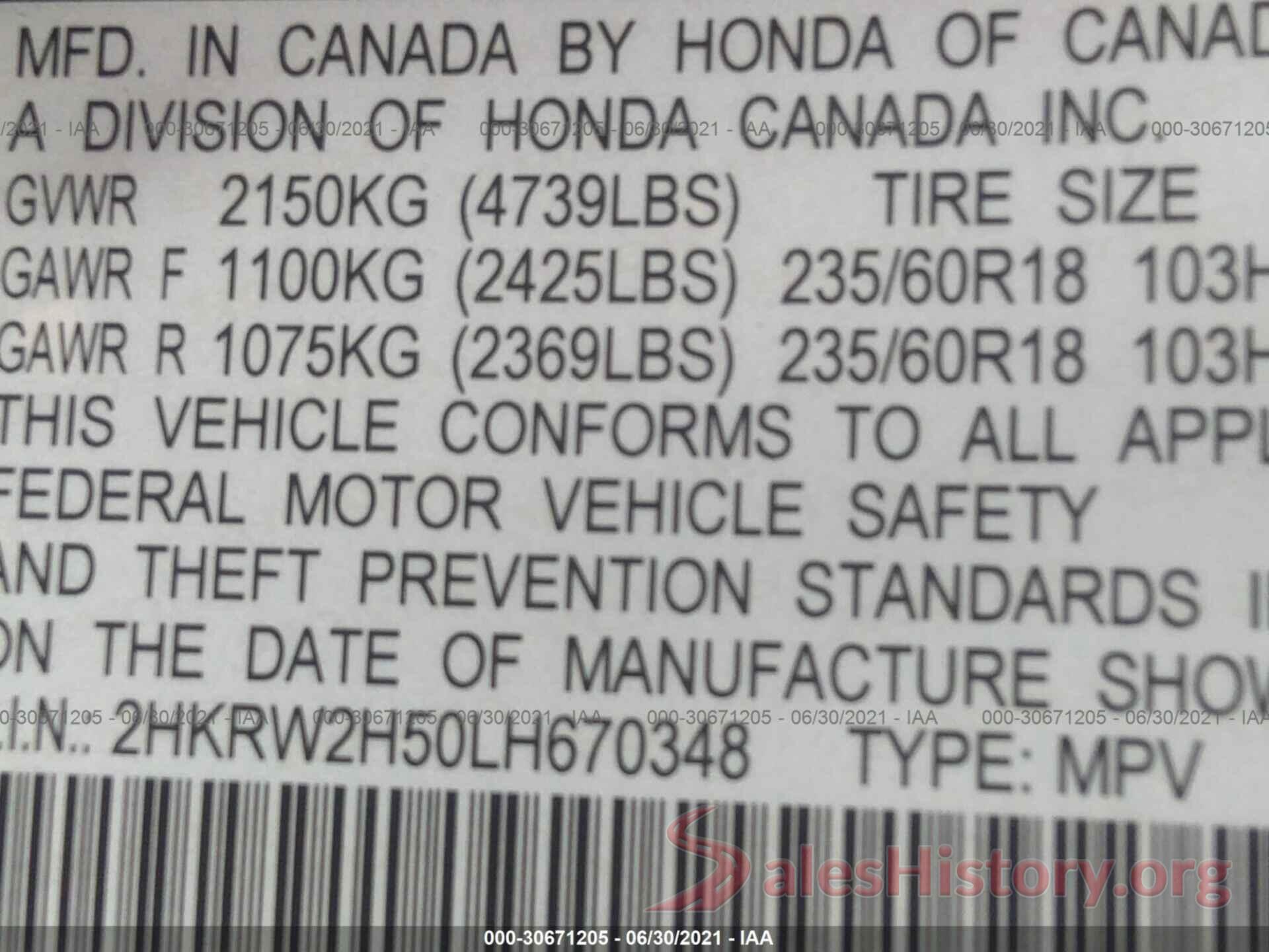 2HKRW2H50LH670348 2020 HONDA CR-V