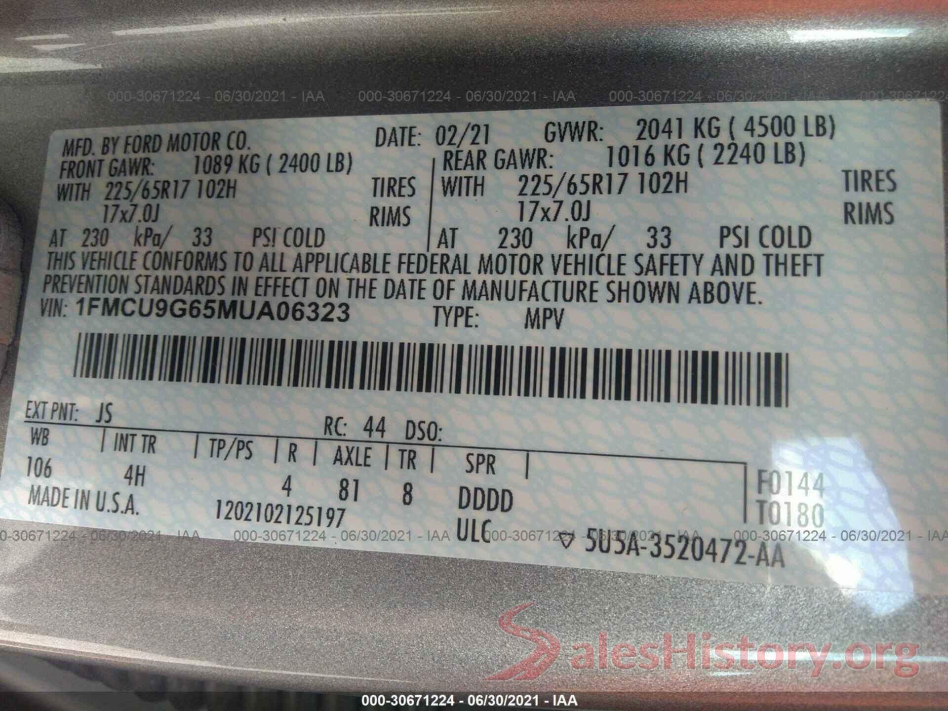 1FMCU9G65MUA06323 2021 FORD ESCAPE