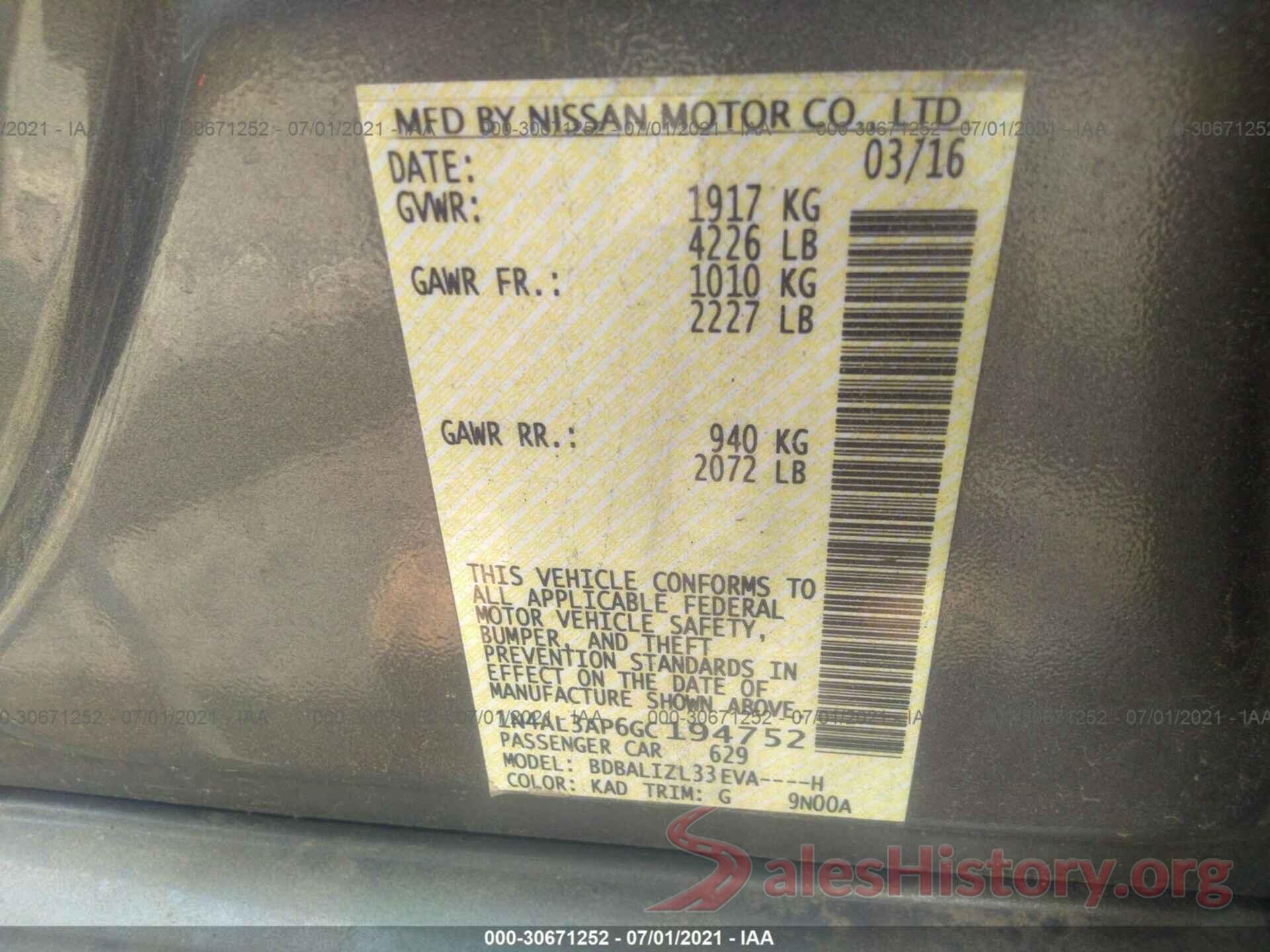 1N4AL3AP6GC194752 2016 NISSAN ALTIMA