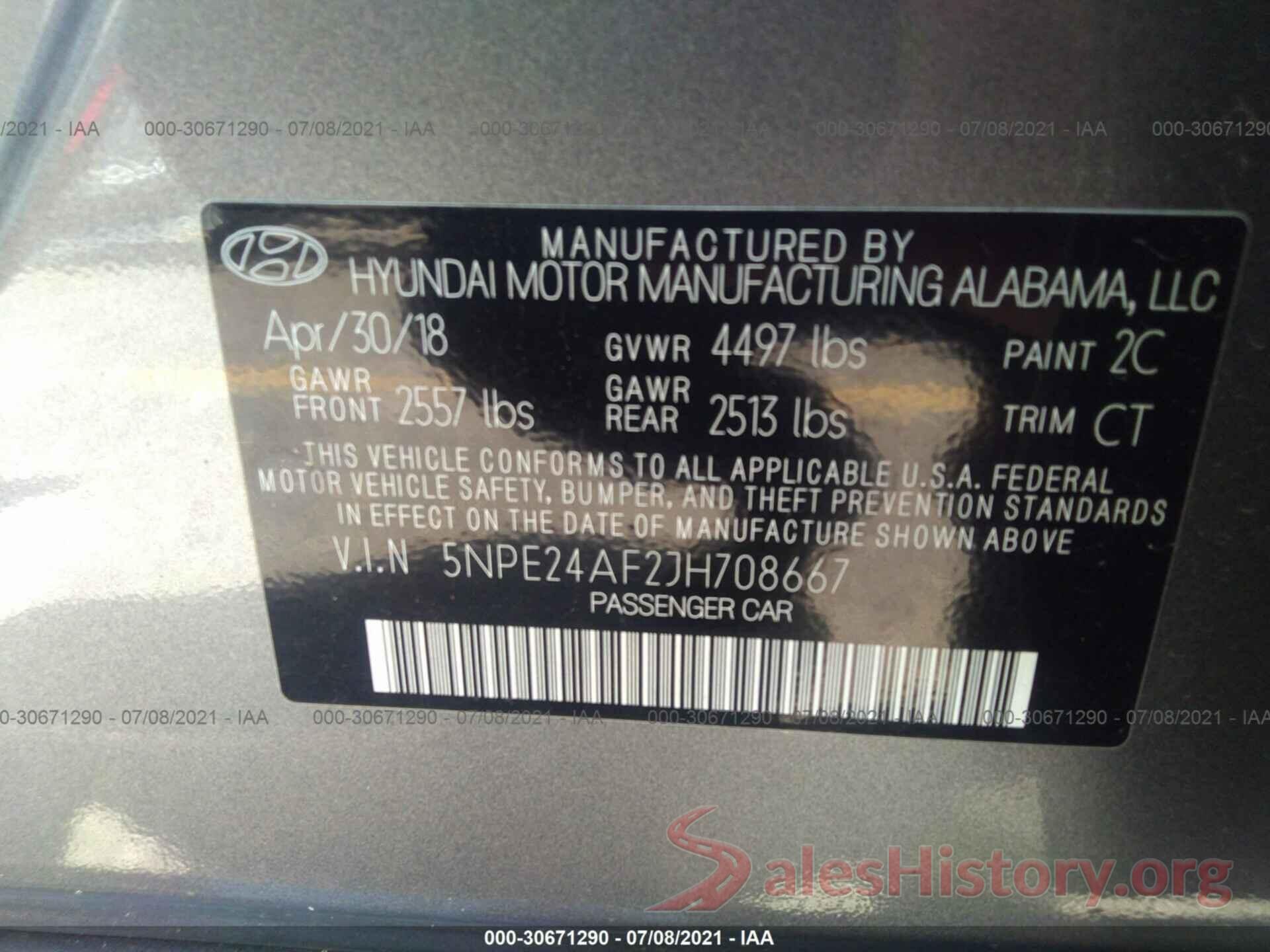 5NPE24AF2JH708667 2018 HYUNDAI SONATA