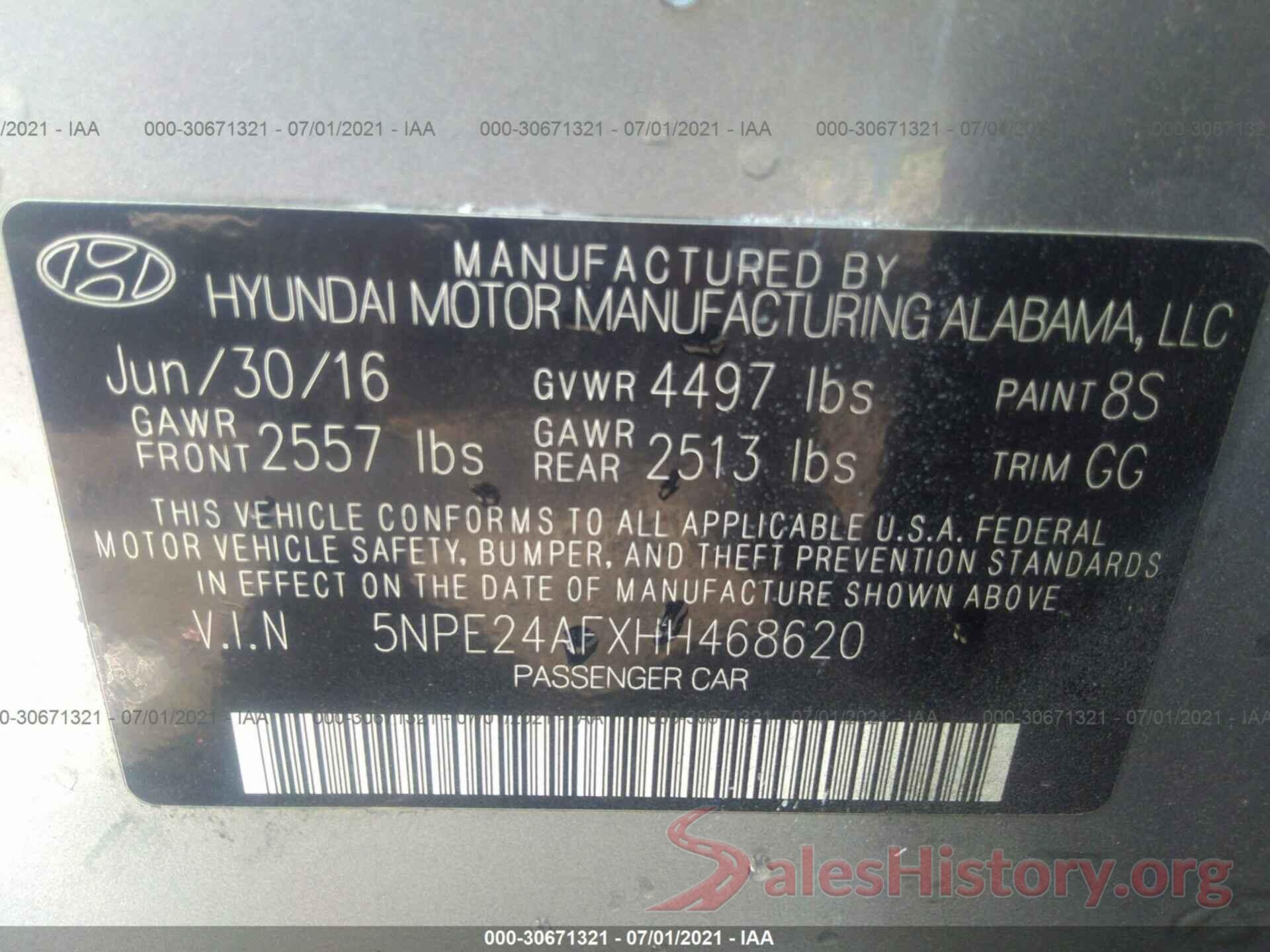 5NPE24AFXHH468620 2017 HYUNDAI SONATA