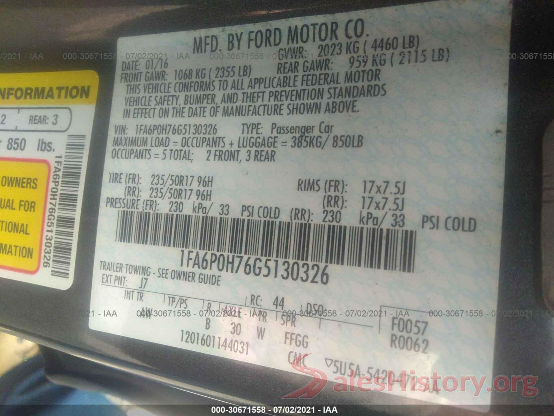 1FA6P0H76G5130326 2016 FORD FUSION