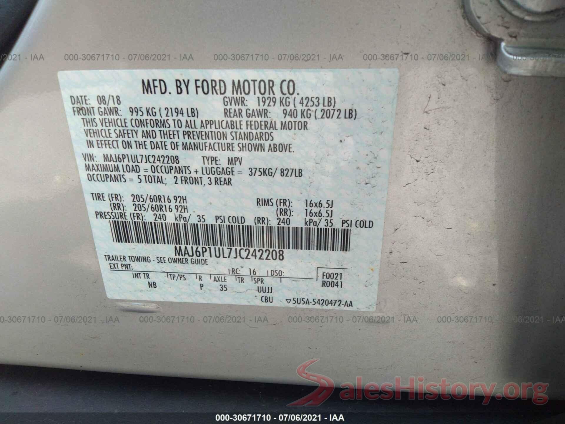 MAJ6P1UL7JC242208 2018 FORD ECOSPORT