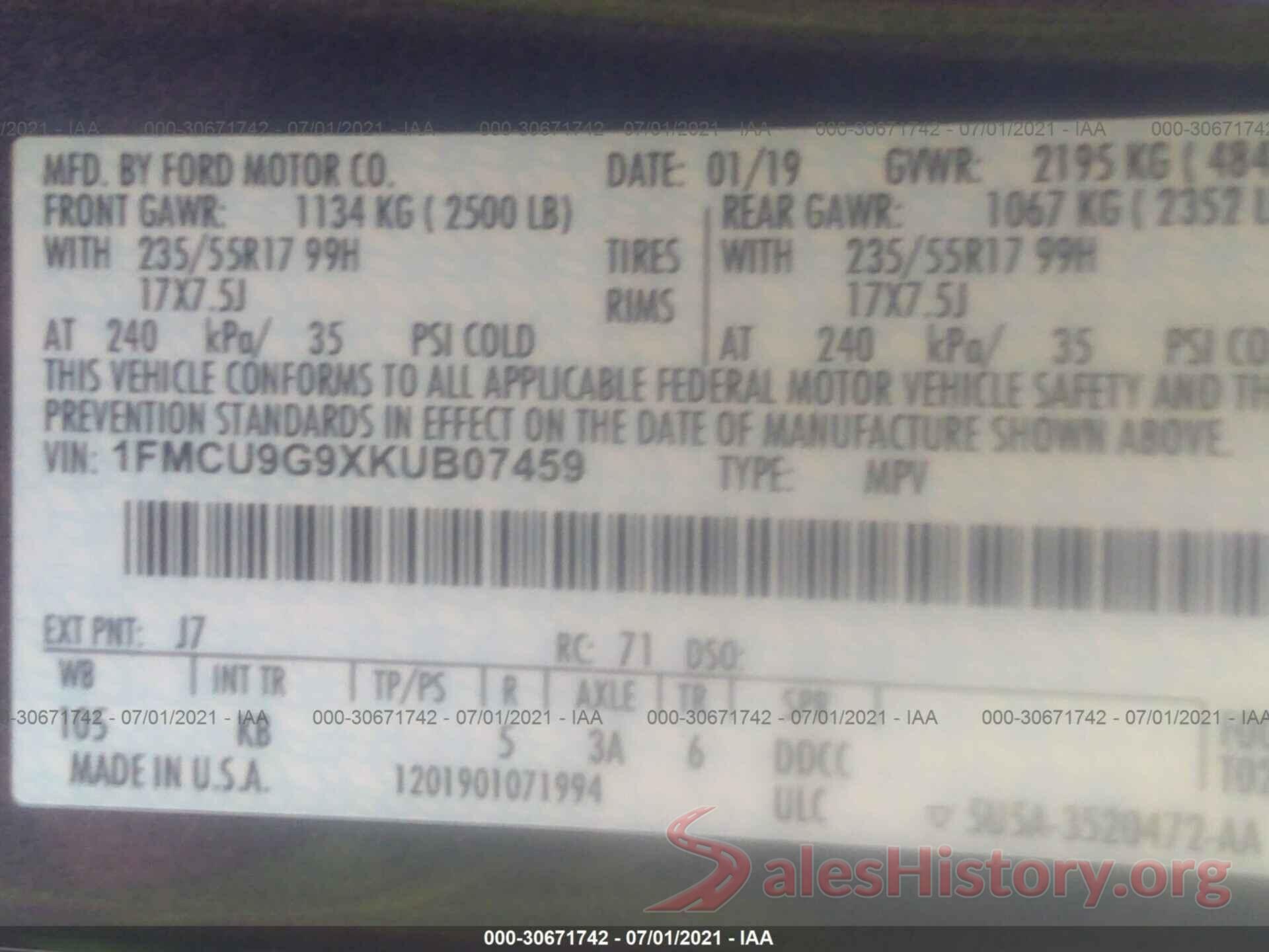 1FMCU9G9XKUB07459 2019 FORD ESCAPE