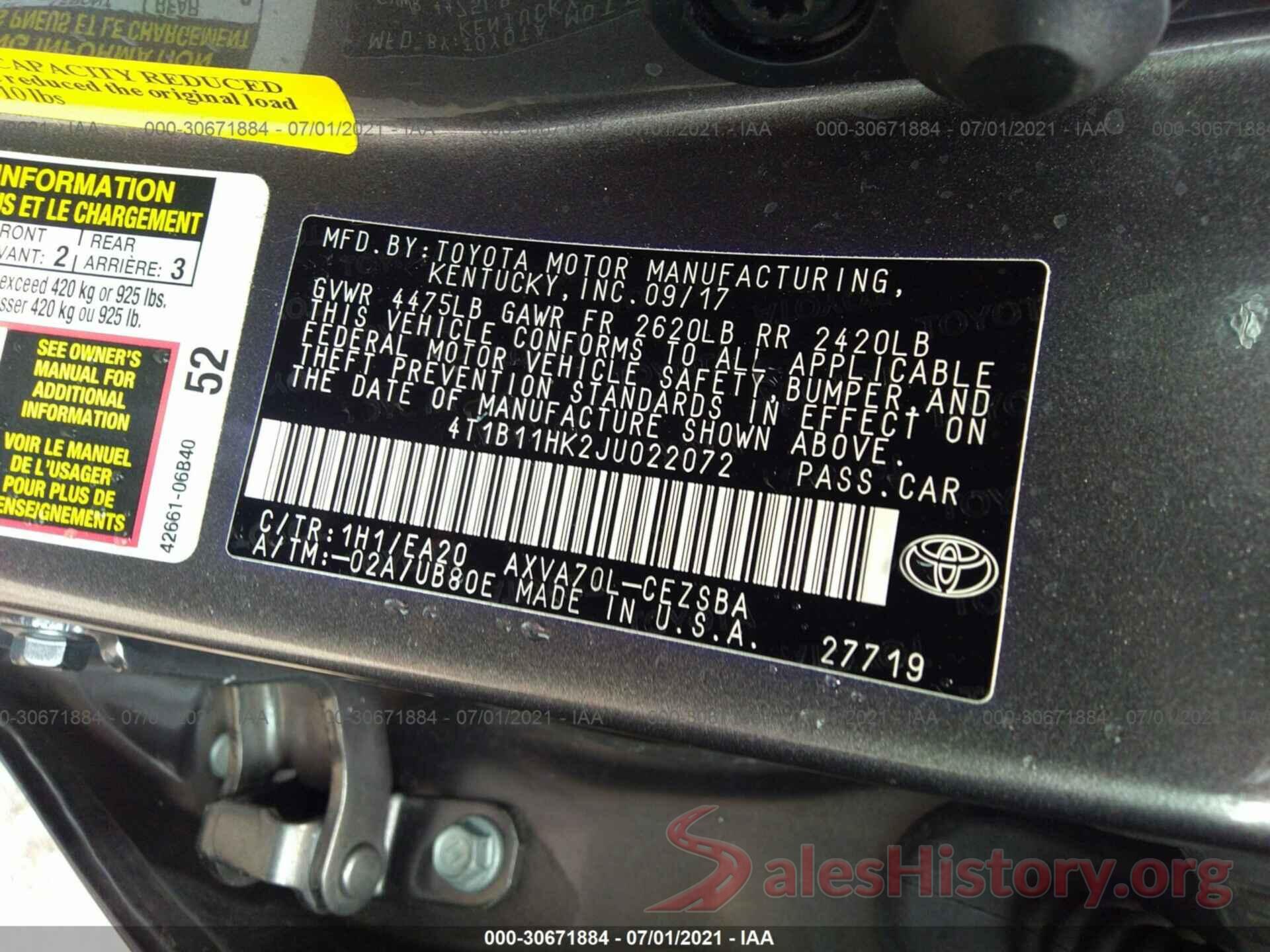 4T1B11HK2JU022072 2018 TOYOTA CAMRY