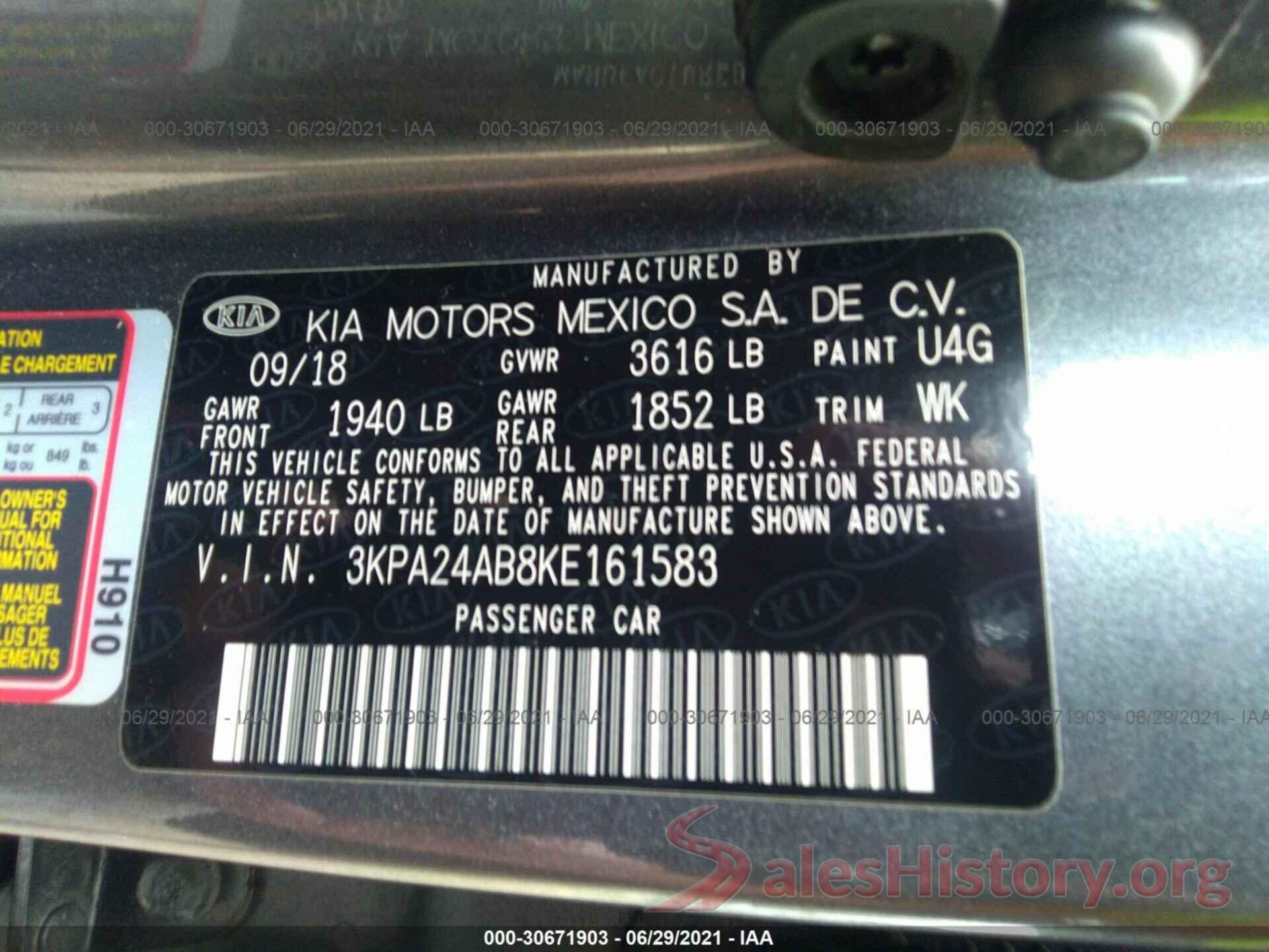 3KPA24AB8KE161583 2019 KIA RIO