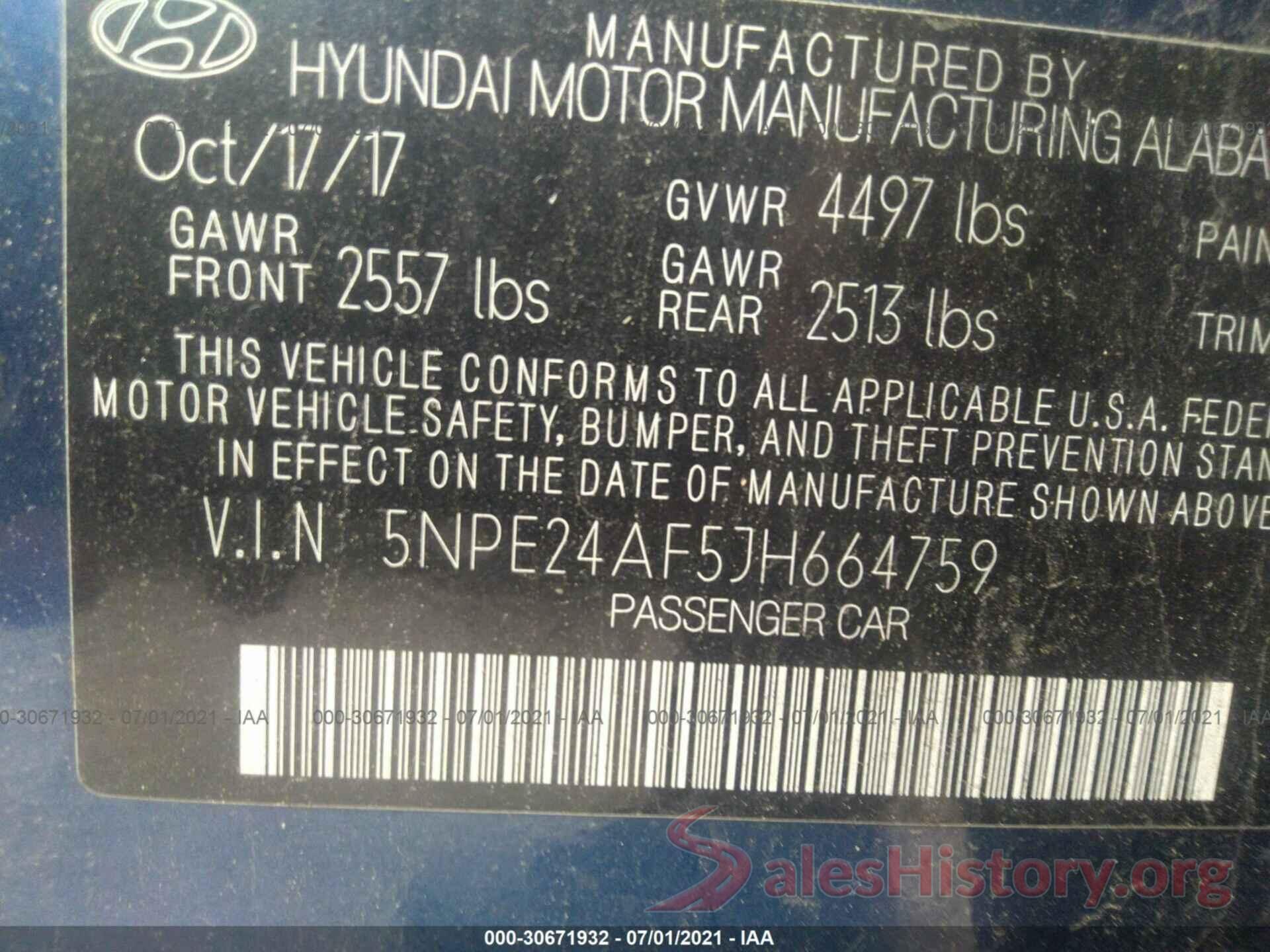 5NPE24AF5JH664759 2018 HYUNDAI SONATA