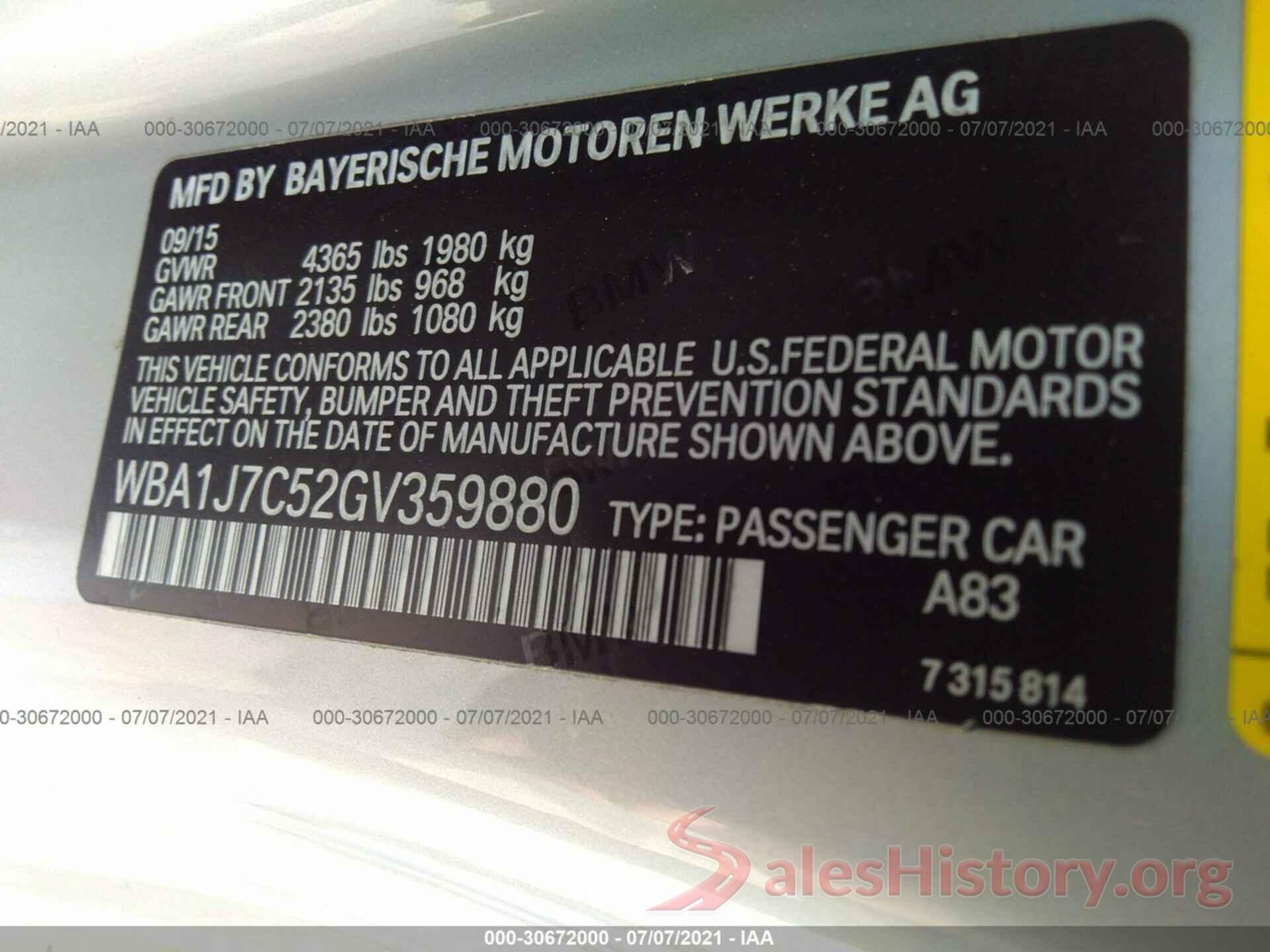 WBA1J7C52GV359880 2016 BMW 2 SERIES