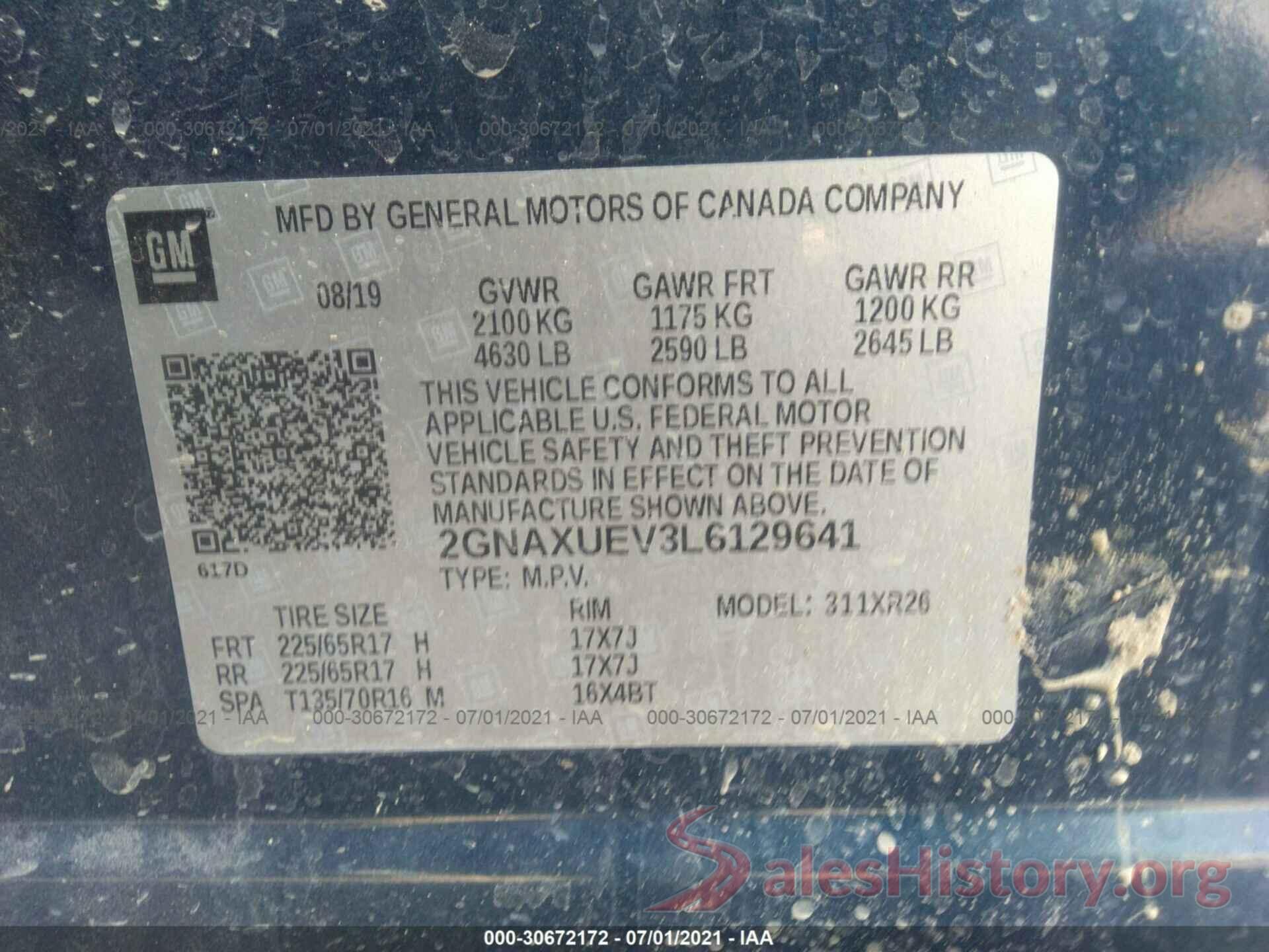 2GNAXUEV3L6129641 2020 CHEVROLET EQUINOX