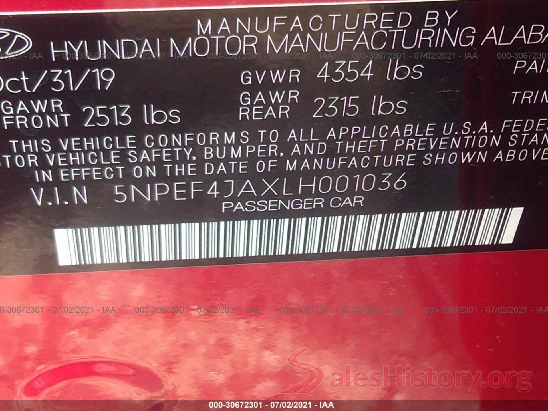 5NPEF4JAXLH001036 2020 HYUNDAI SONATA