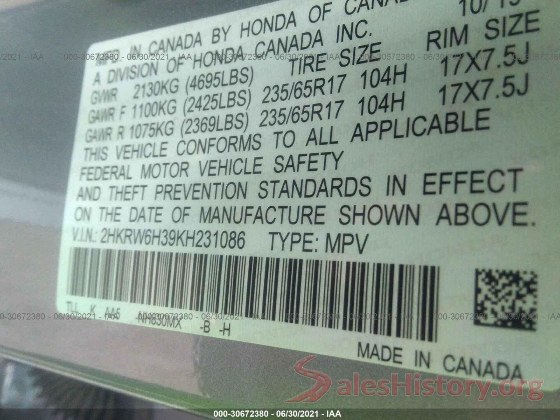 2HKRW6H39KH231086 2019 HONDA CR-V