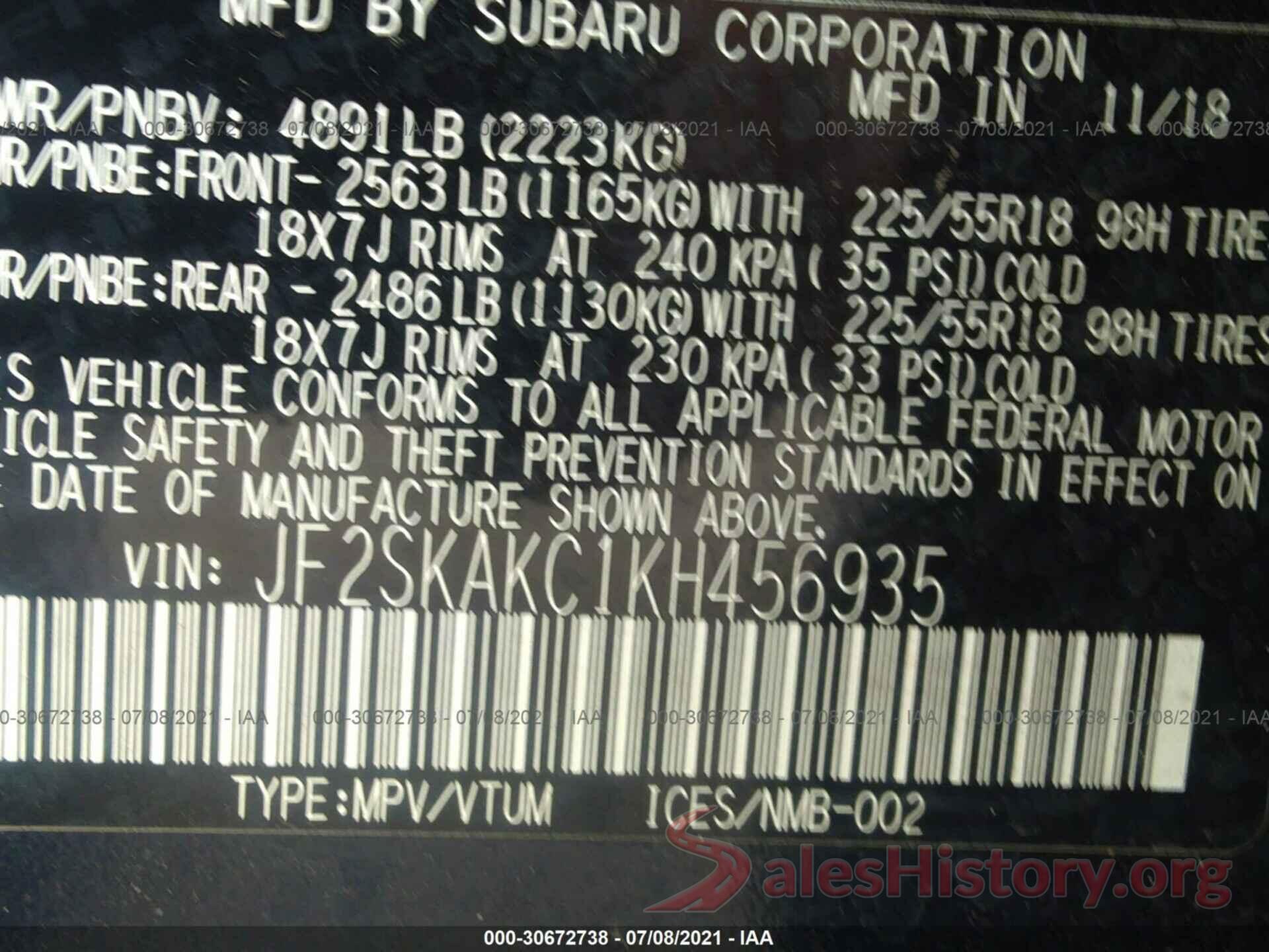 JF2SKAKC1KH456935 2019 SUBARU FORESTER