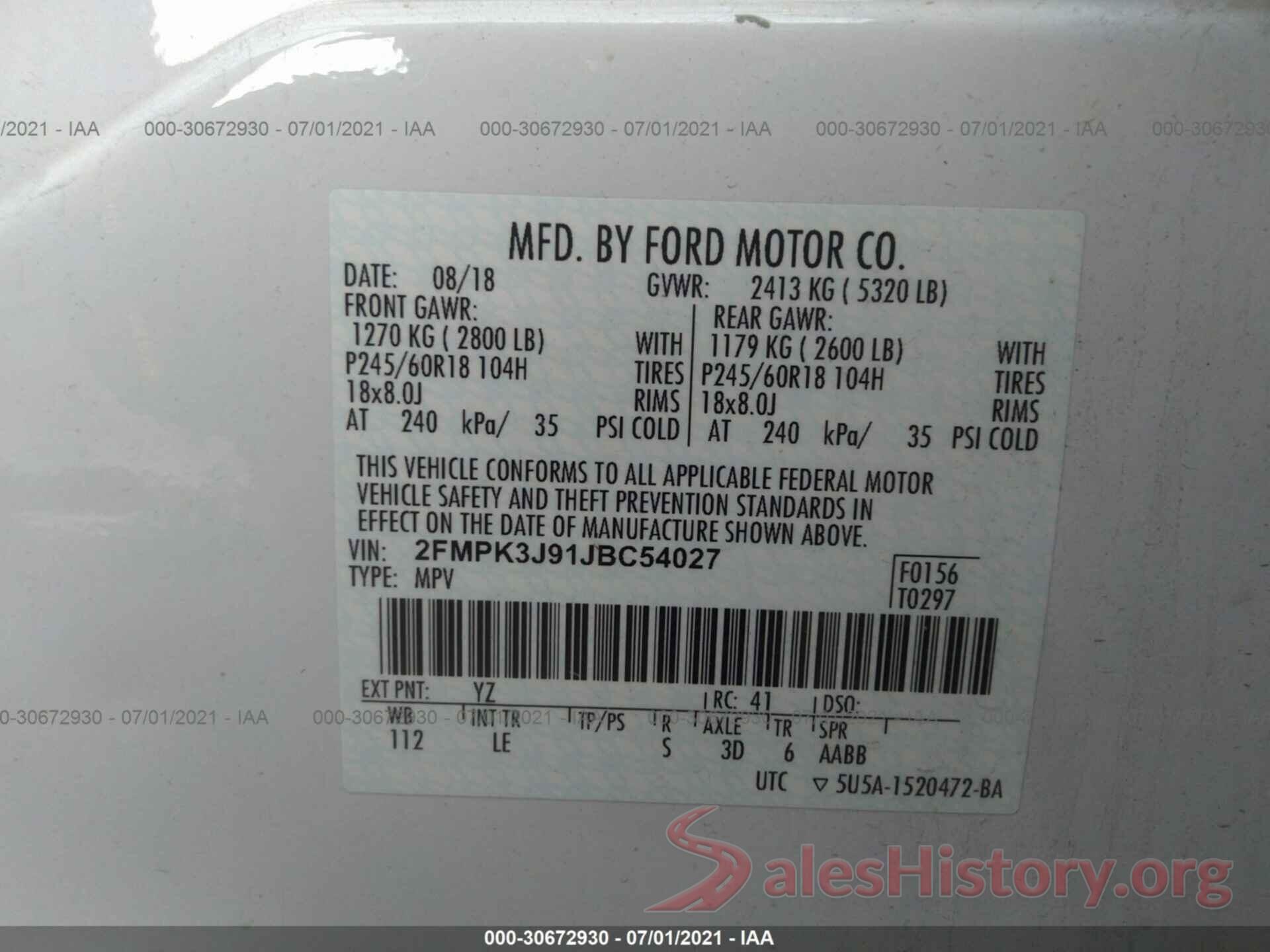 2FMPK3J91JBC54027 2018 FORD EDGE