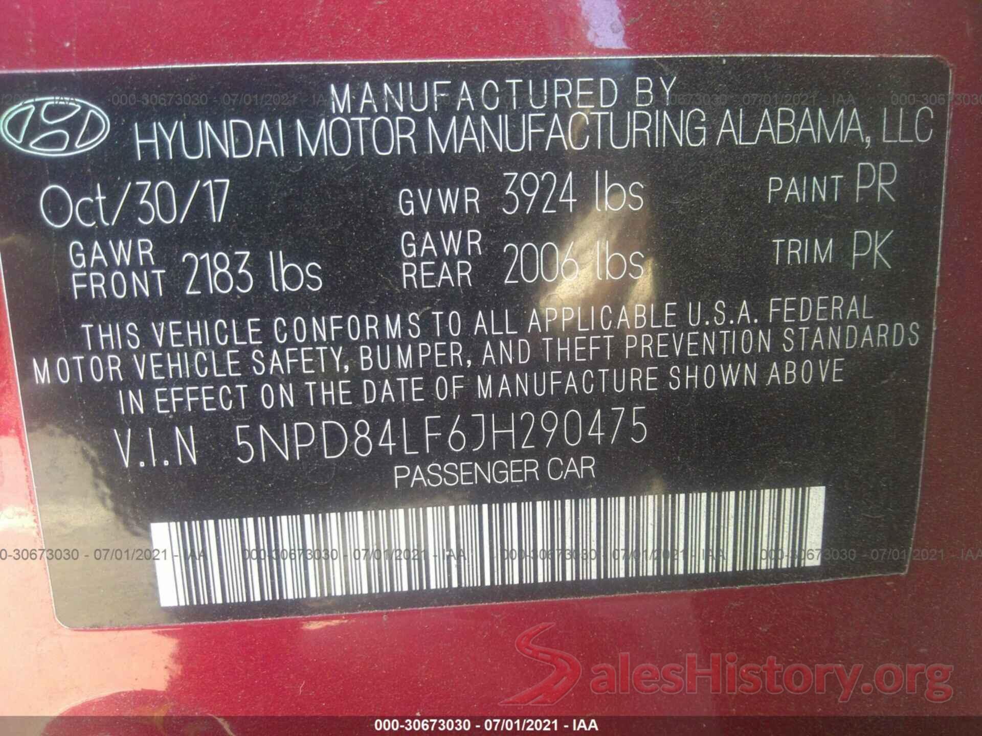 5NPD84LF6JH290475 2018 HYUNDAI ELANTRA