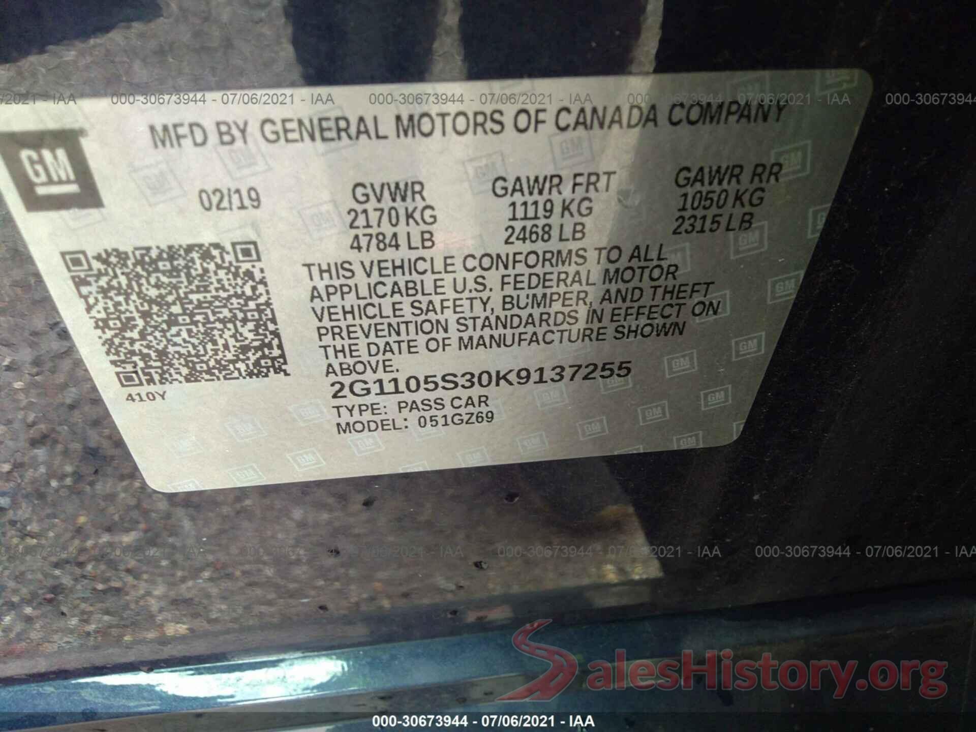 2G1105S30K9137255 2019 CHEVROLET IMPALA