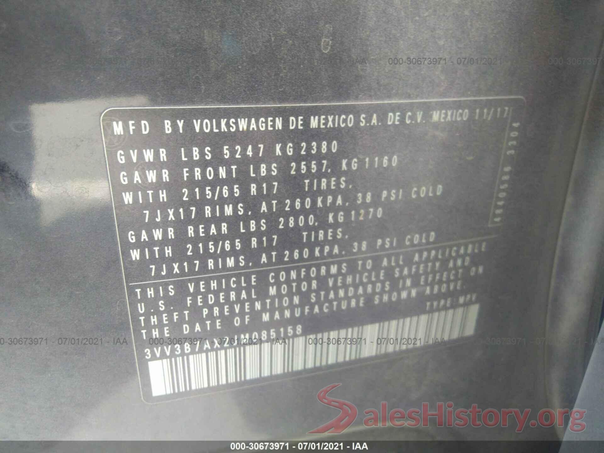 3VV3B7AX2JM085158 2018 VOLKSWAGEN TIGUAN