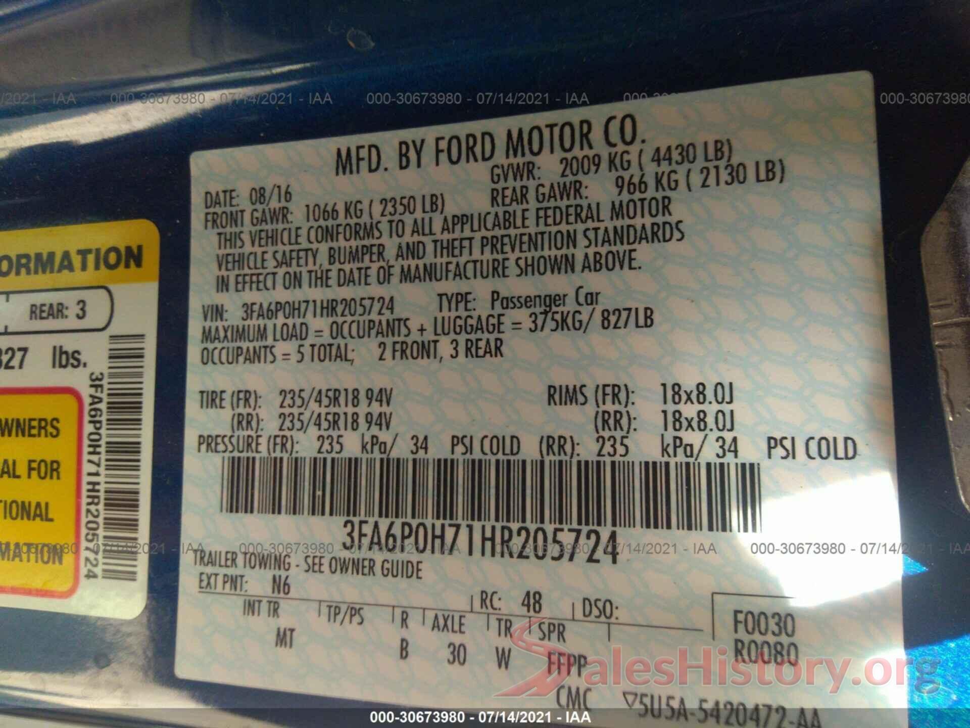 3FA6P0H71HR205724 2017 FORD FUSION