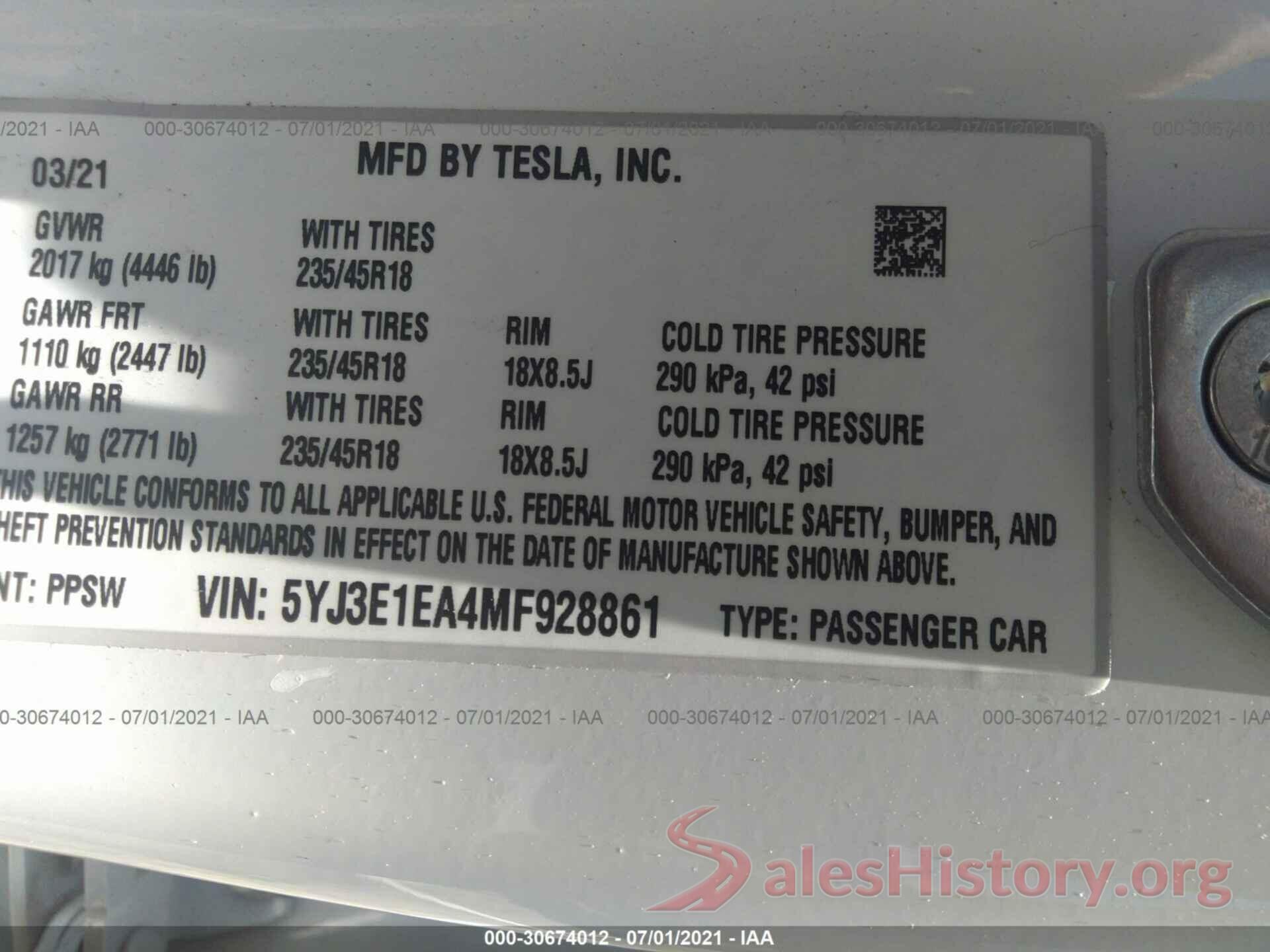 5YJ3E1EA4MF928861 2021 TESLA MODEL 3