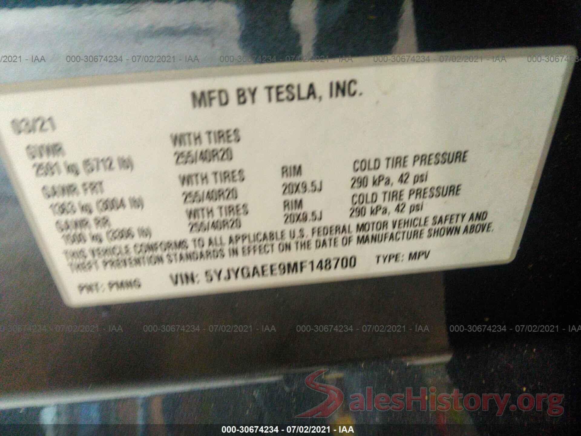 5YJYGAEE9MF148700 2021 TESLA MODEL Y