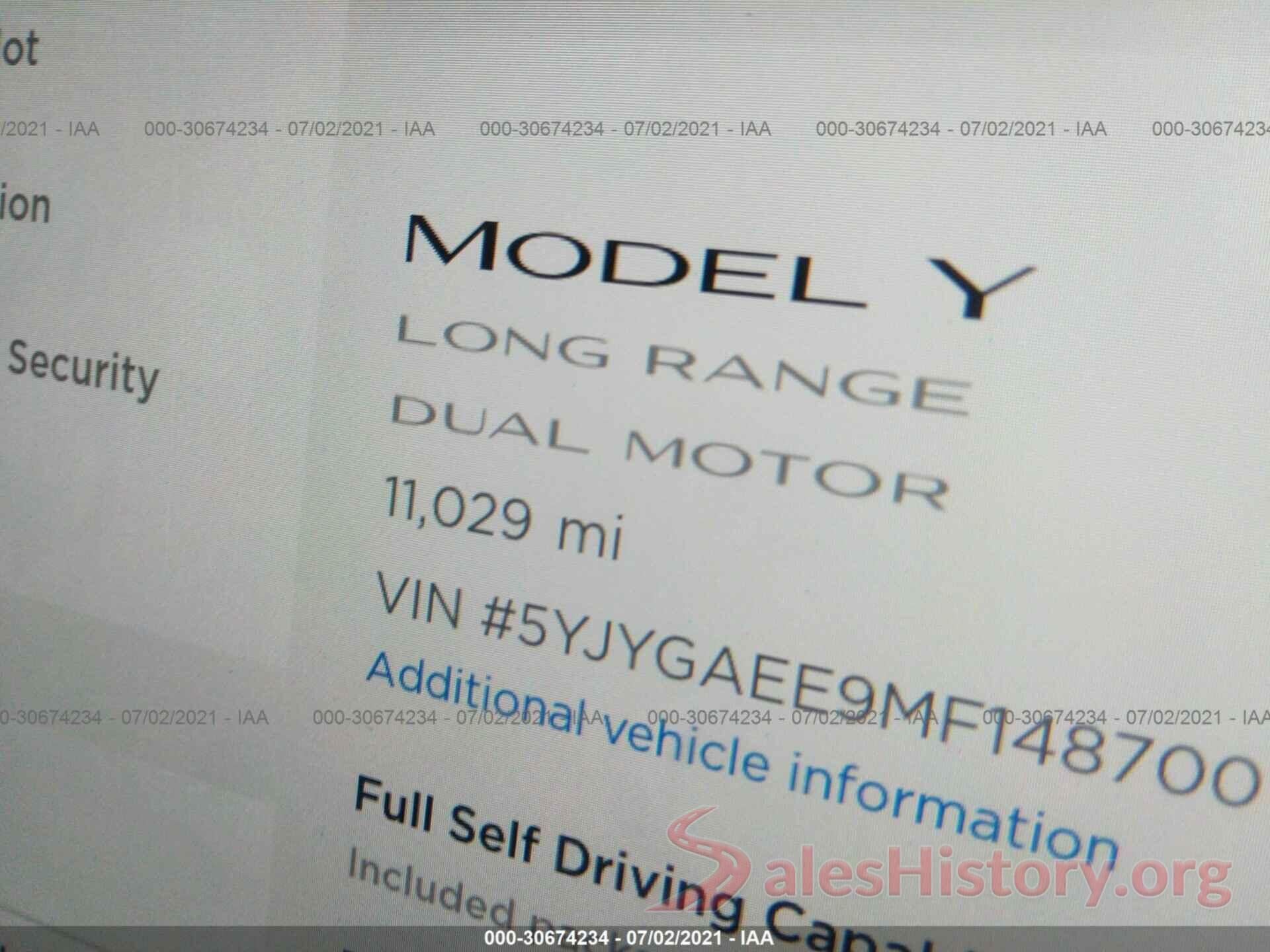 5YJYGAEE9MF148700 2021 TESLA MODEL Y