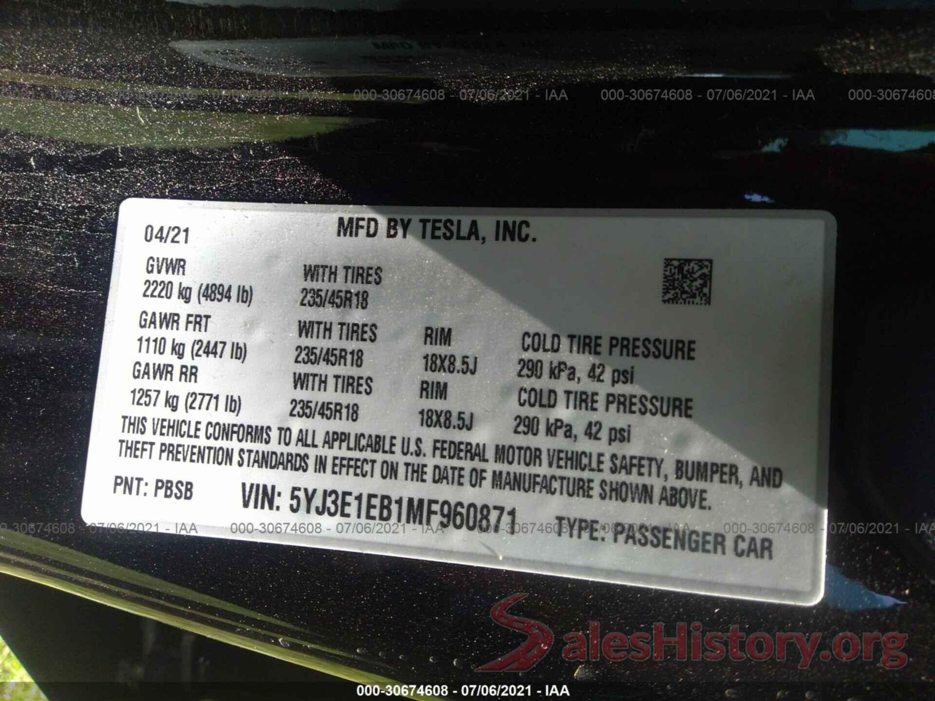 5YJ3E1EB1MF960871 2021 TESLA MODEL 3