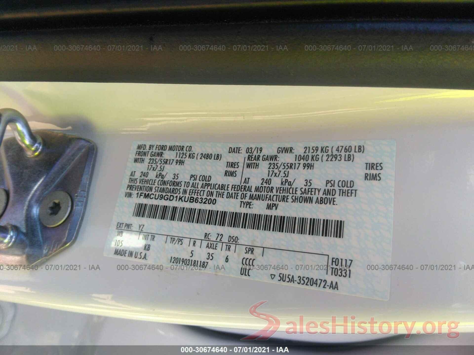 1FMCU9GD1KUB63200 2019 FORD ESCAPE