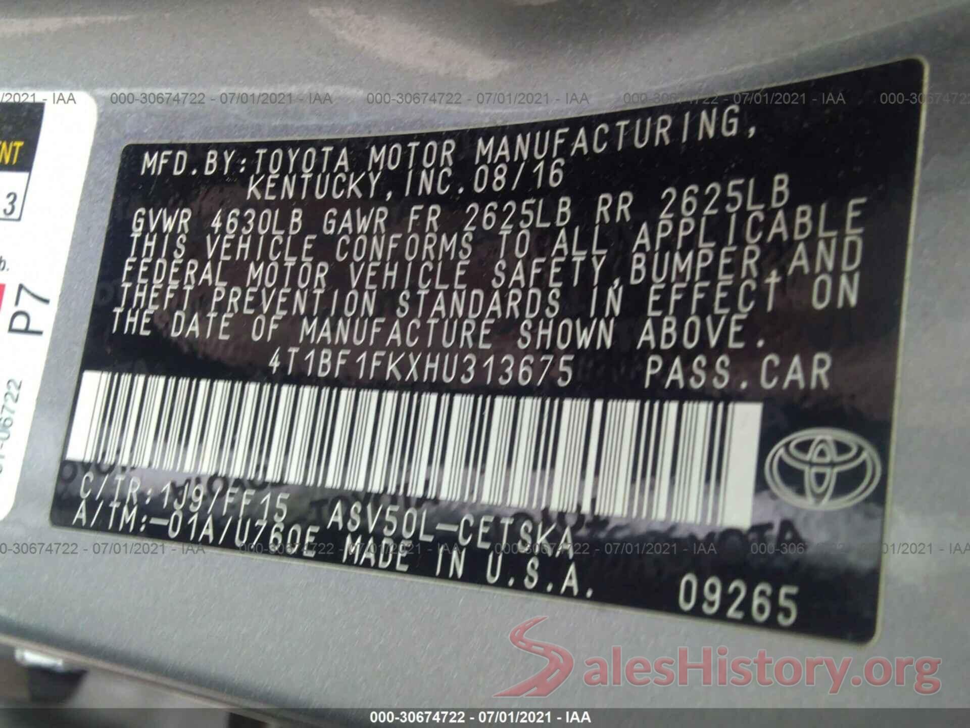 4T1BF1FKXHU313675 2017 TOYOTA CAMRY