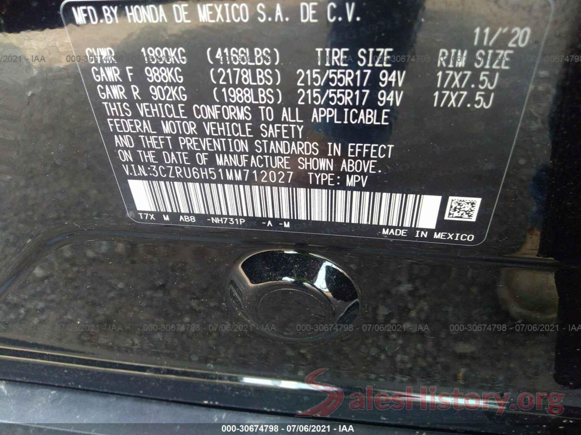 3CZRU6H51MM712027 2021 HONDA HR-V