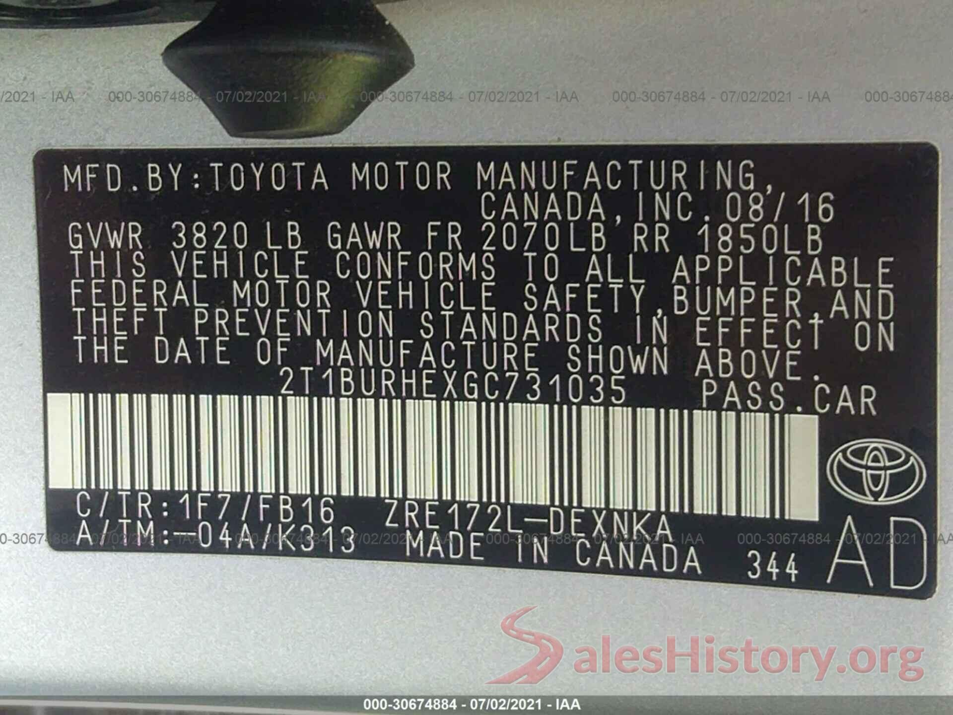 2T1BURHEXGC731035 2016 TOYOTA COROLLA