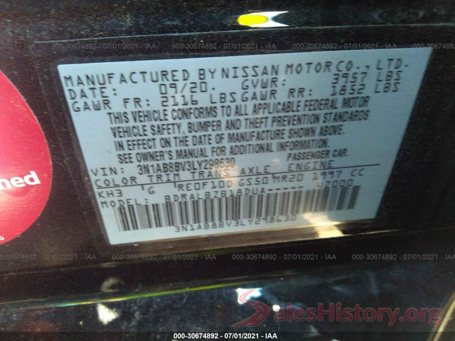 3N1AB8BV3LY298630 2020 NISSAN SENTRA