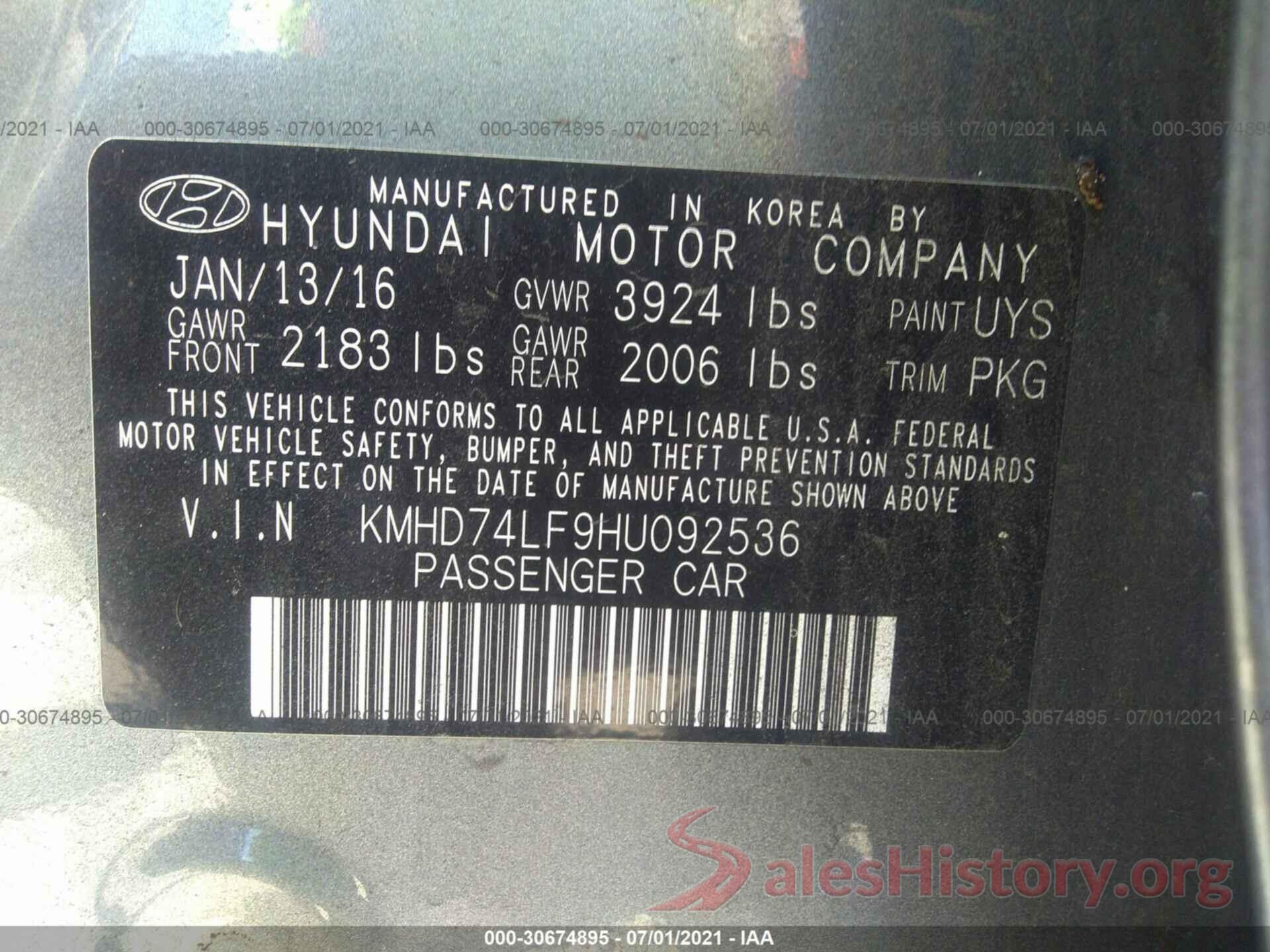 KMHD74LF9HU092536 2017 HYUNDAI ELANTRA