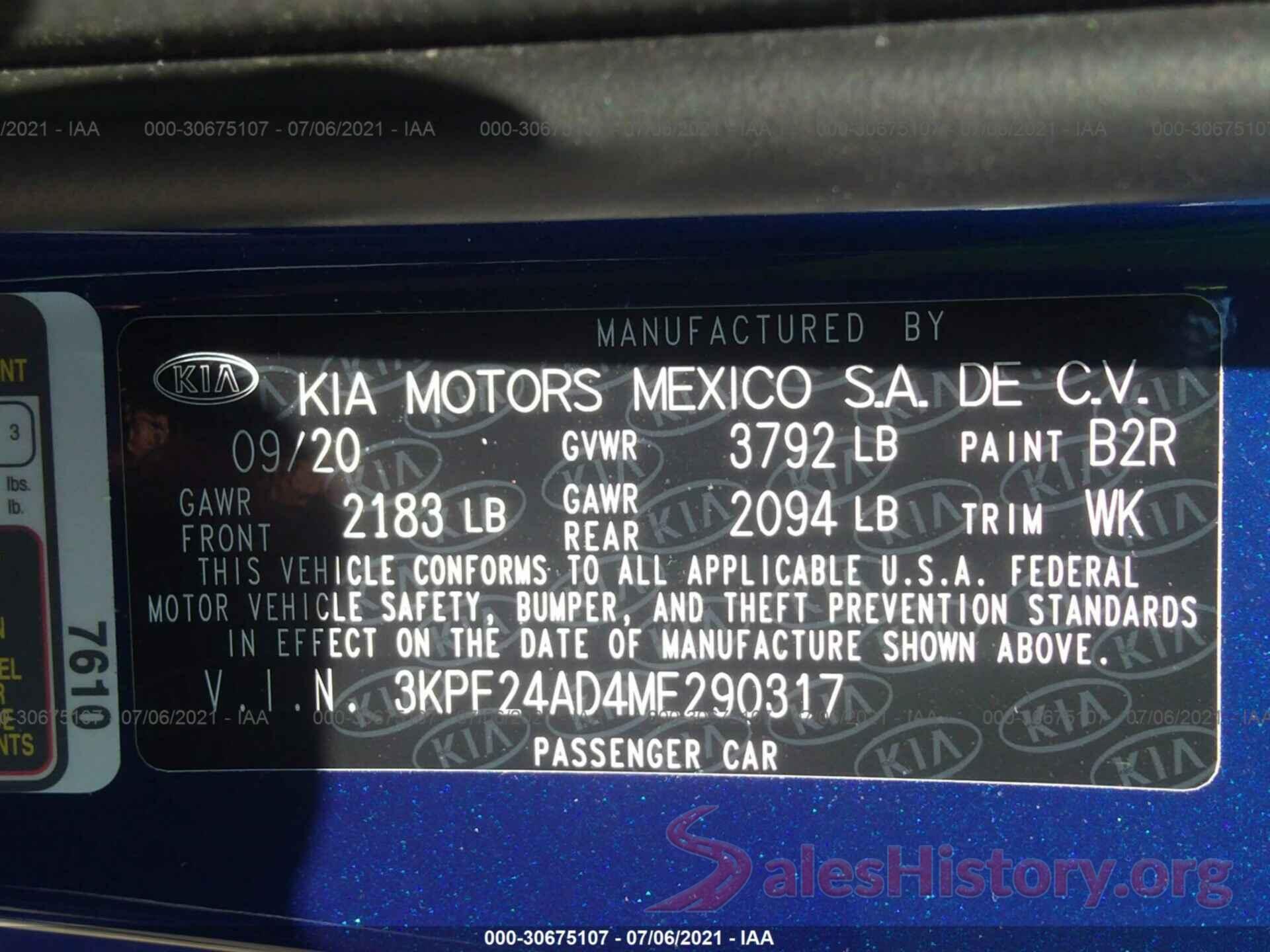 3KPF24AD4ME290317 2021 KIA FORTE