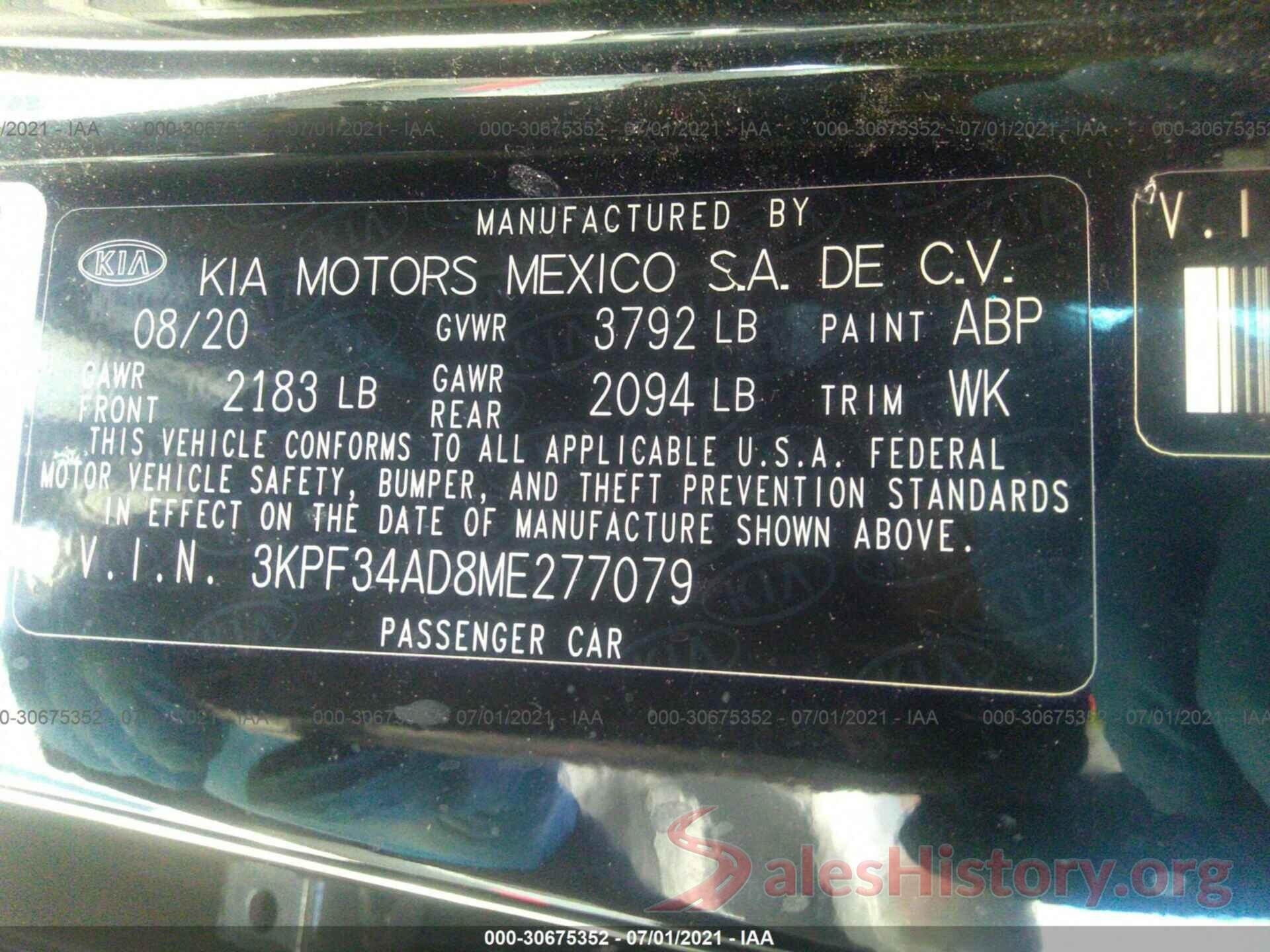 3KPF34AD8ME277079 2021 KIA FORTE