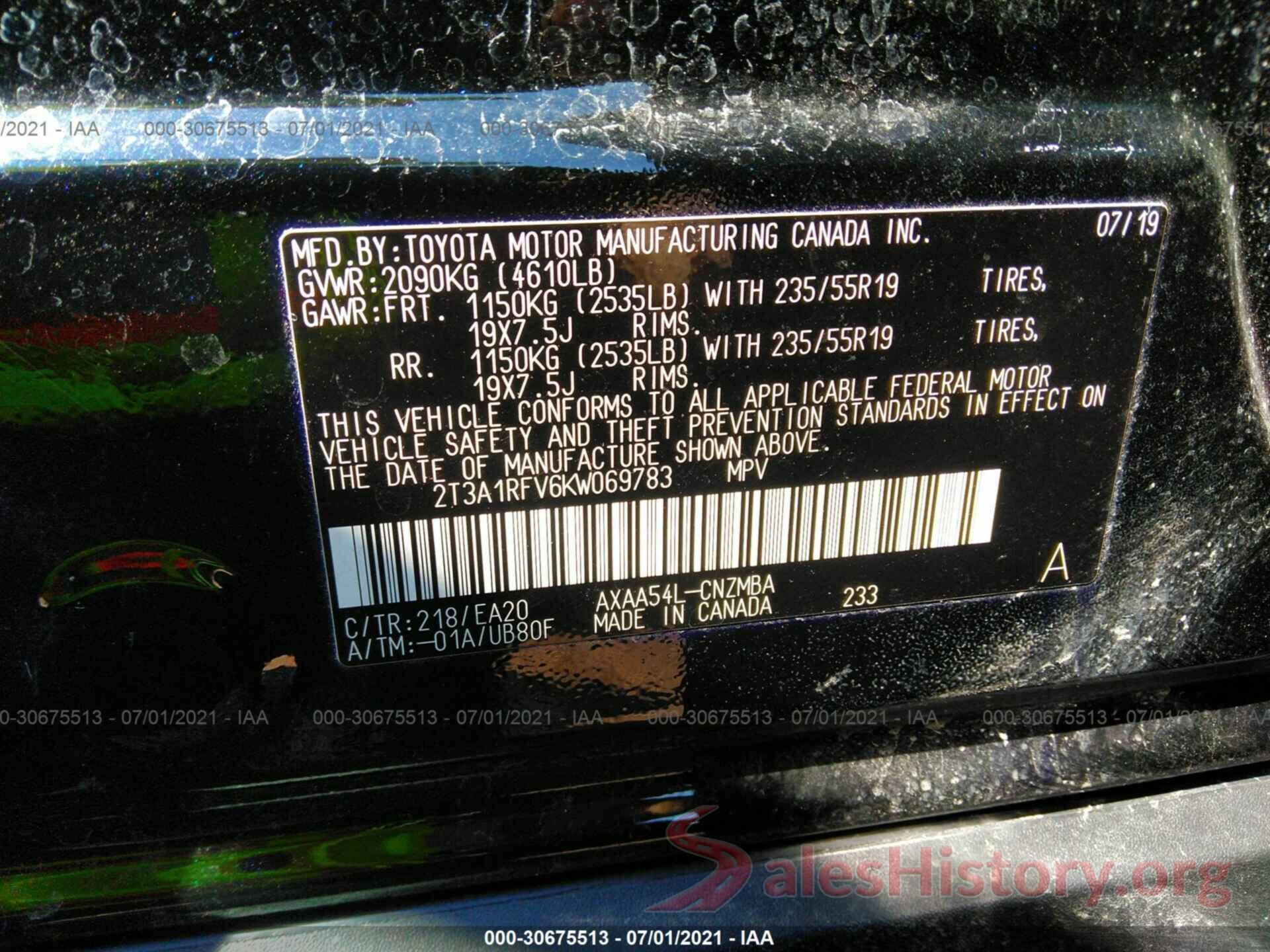 2T3A1RFV6KW069783 2019 TOYOTA RAV4