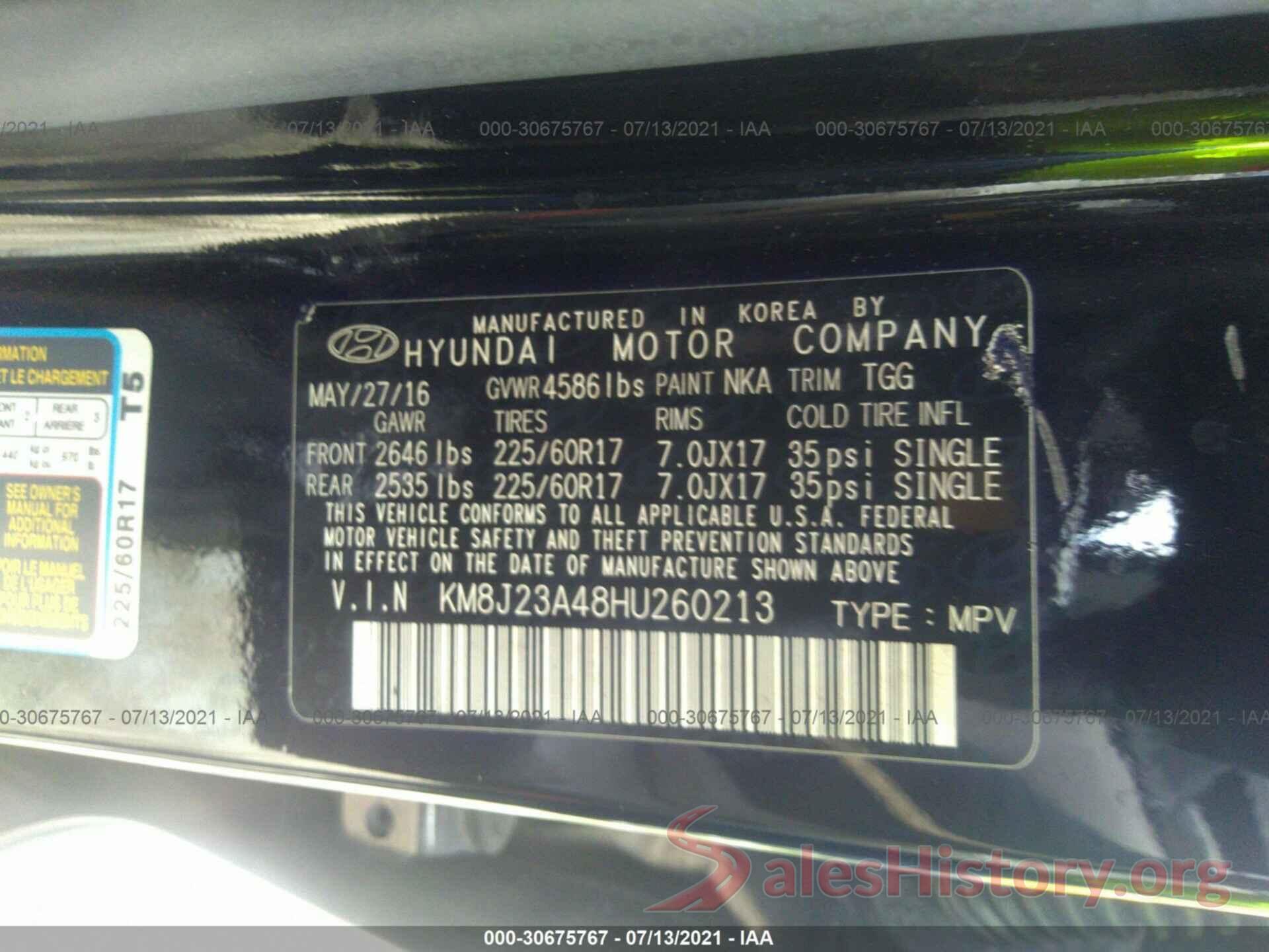 KM8J23A48HU260213 2017 HYUNDAI TUCSON